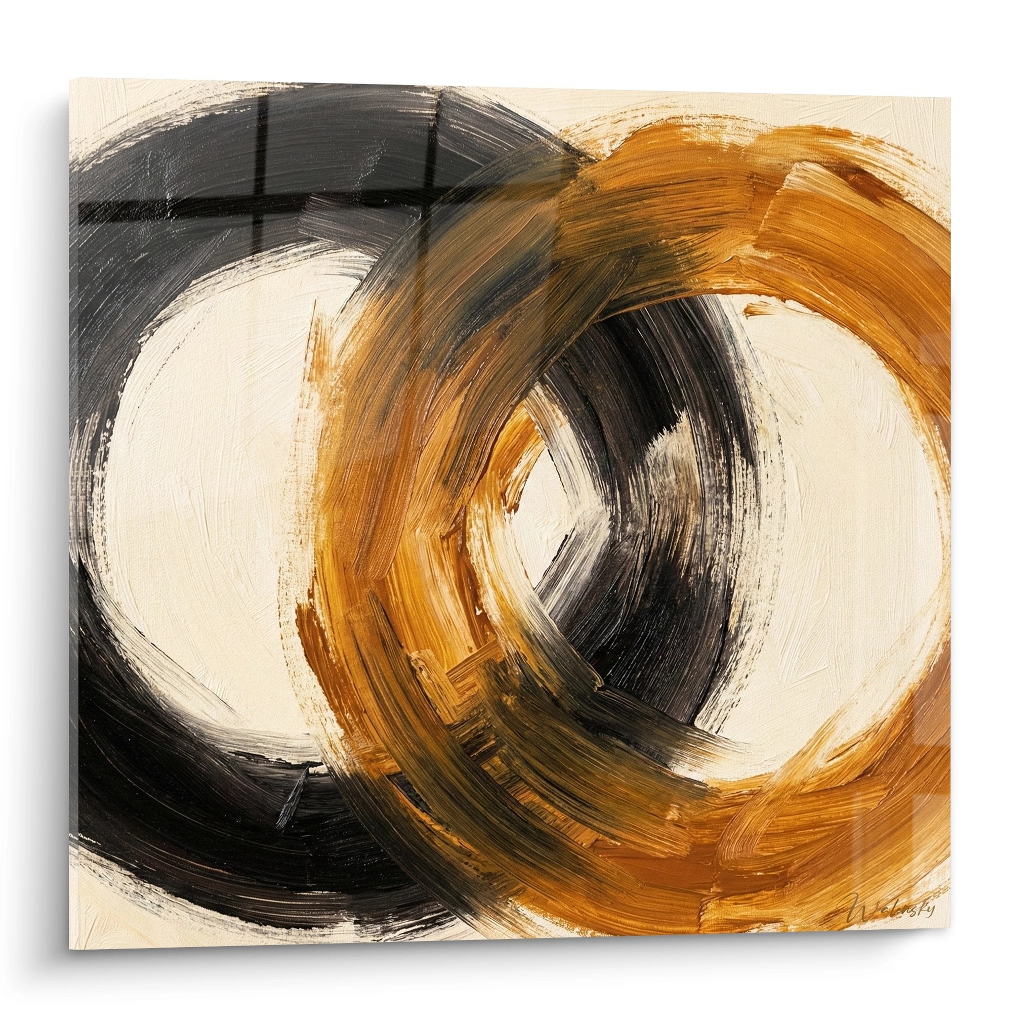 modern artwork interlocking circles ochre black beige spirals zen contemporary enso