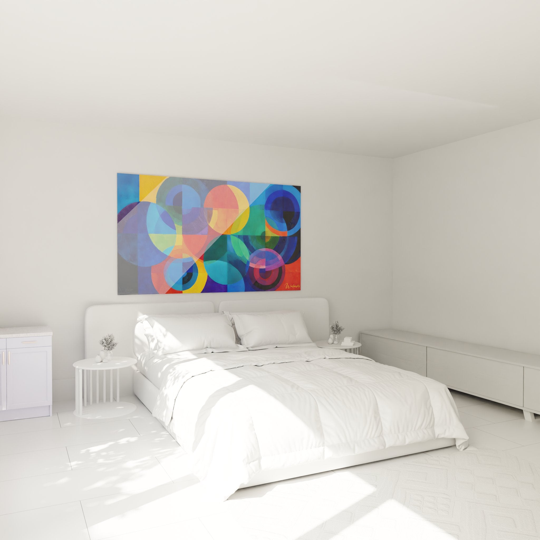 Tableau cercles géométriques abstraits dans chambre moderne décoration murale contemporaine colorée