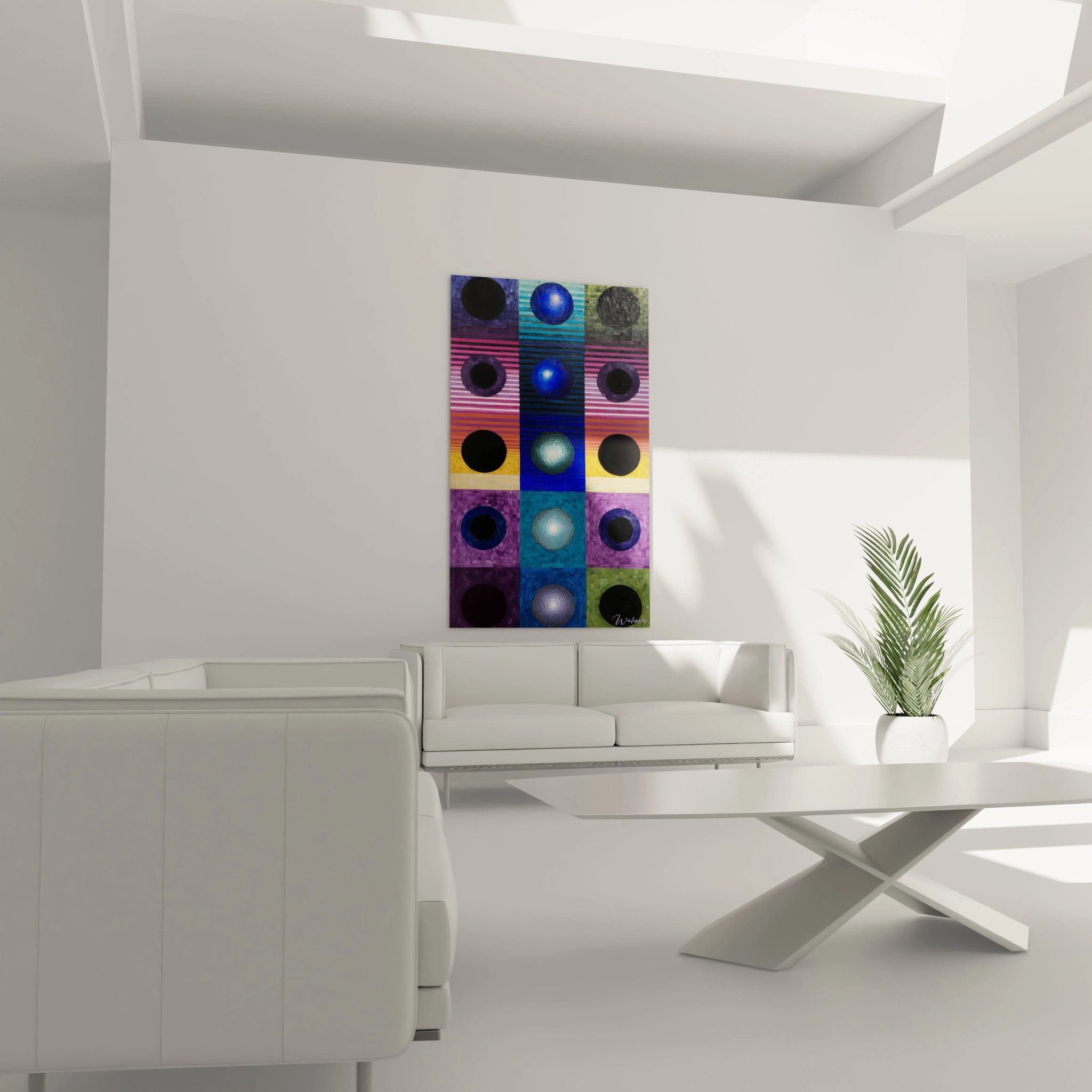tableau art contemporain cercles Walensky accroché au mur dans un salon minimaliste blanc couleurs vives en grille de cercles