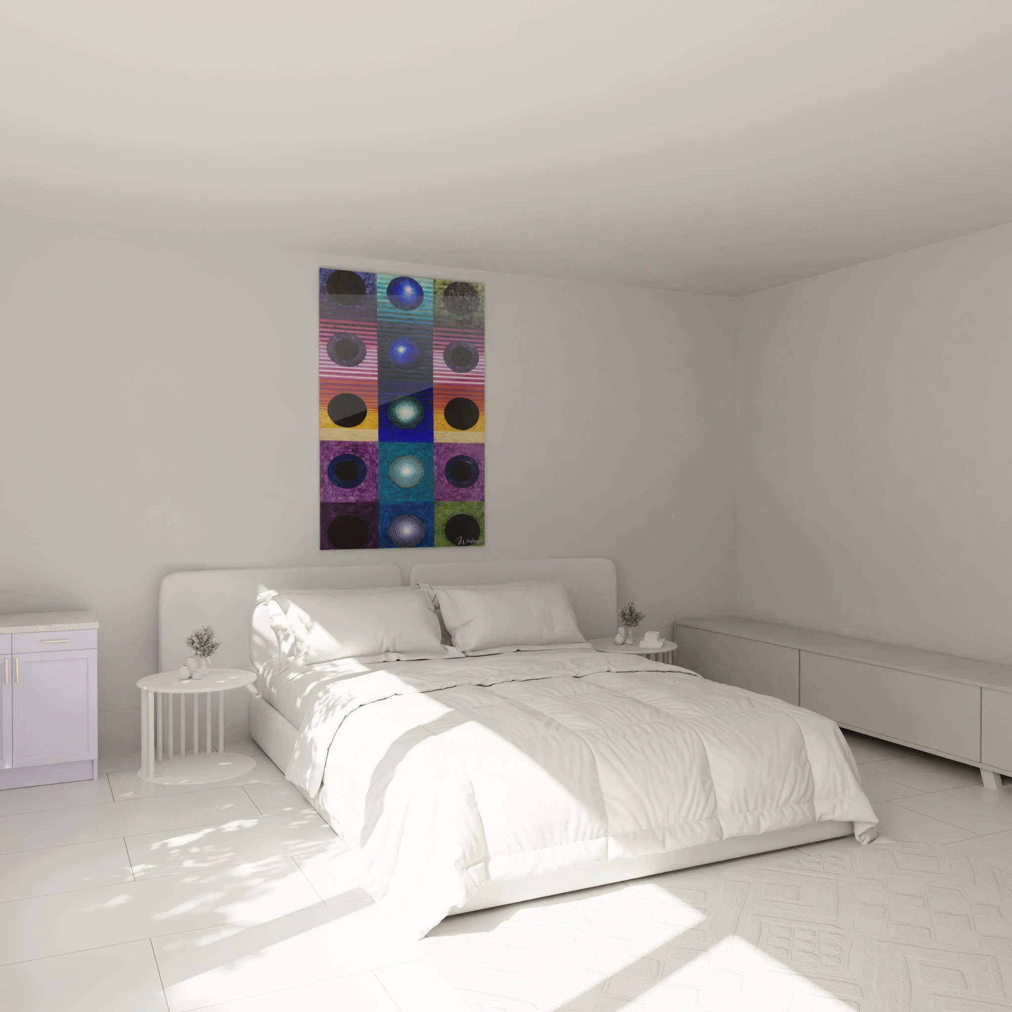 Tableau mural Walensky au dessus du lit dans chambre blanche avec tableau art contemporain cercles colorés