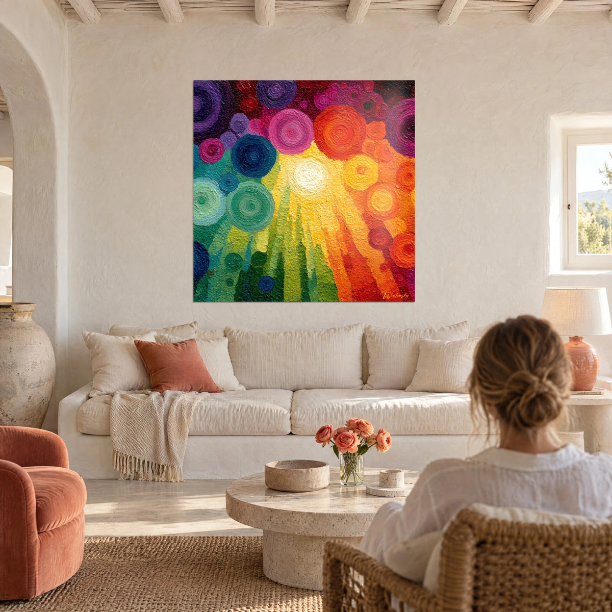 Tableau spirales de peinture épaisse orange et violette, soleil blanc rayonnant, au-dessus d'un canapé dans un salon lumineux