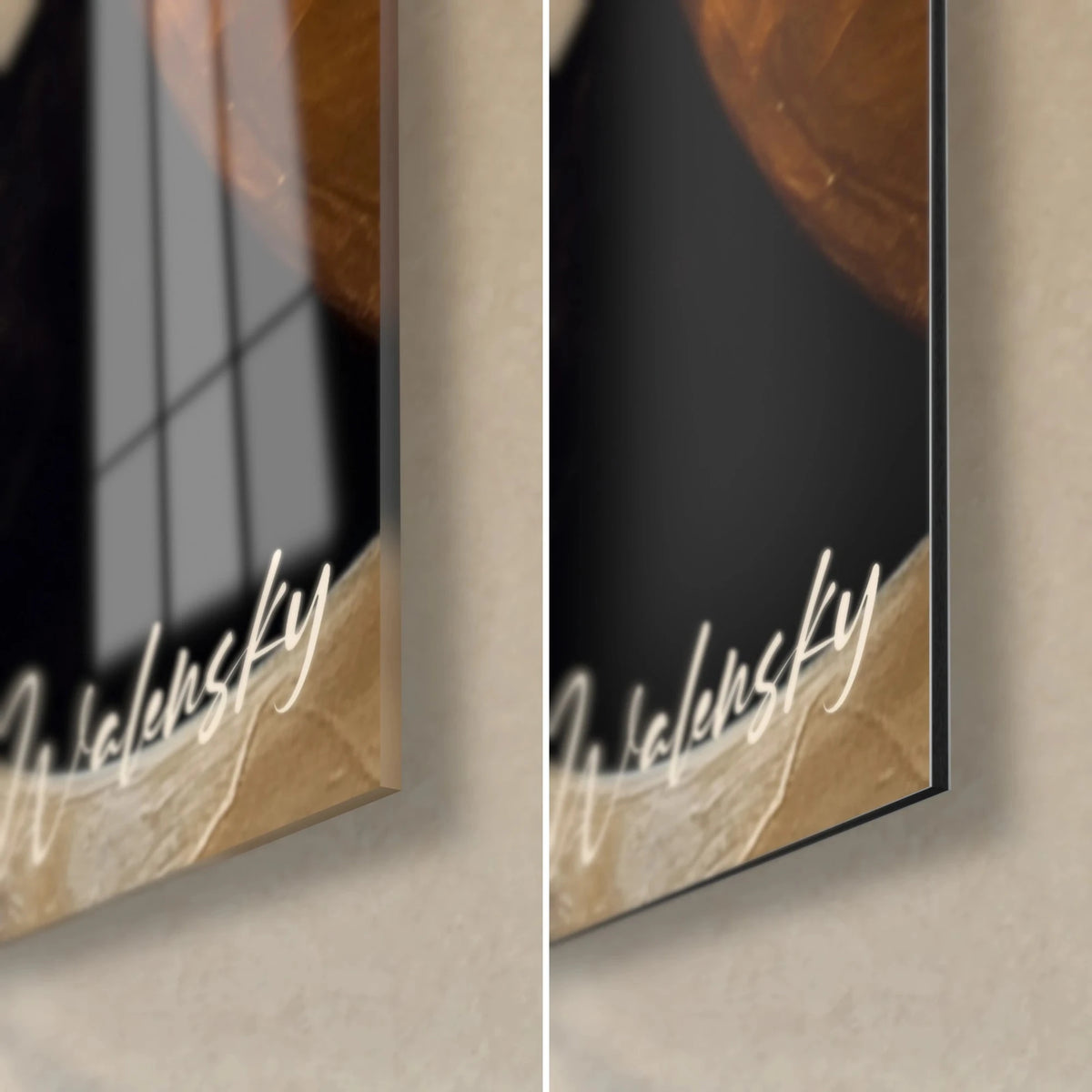 Copper spiral wall art, bottom right corner: glossy acrylic glass on the left, matte Dibond on the right, thin edge, white signature