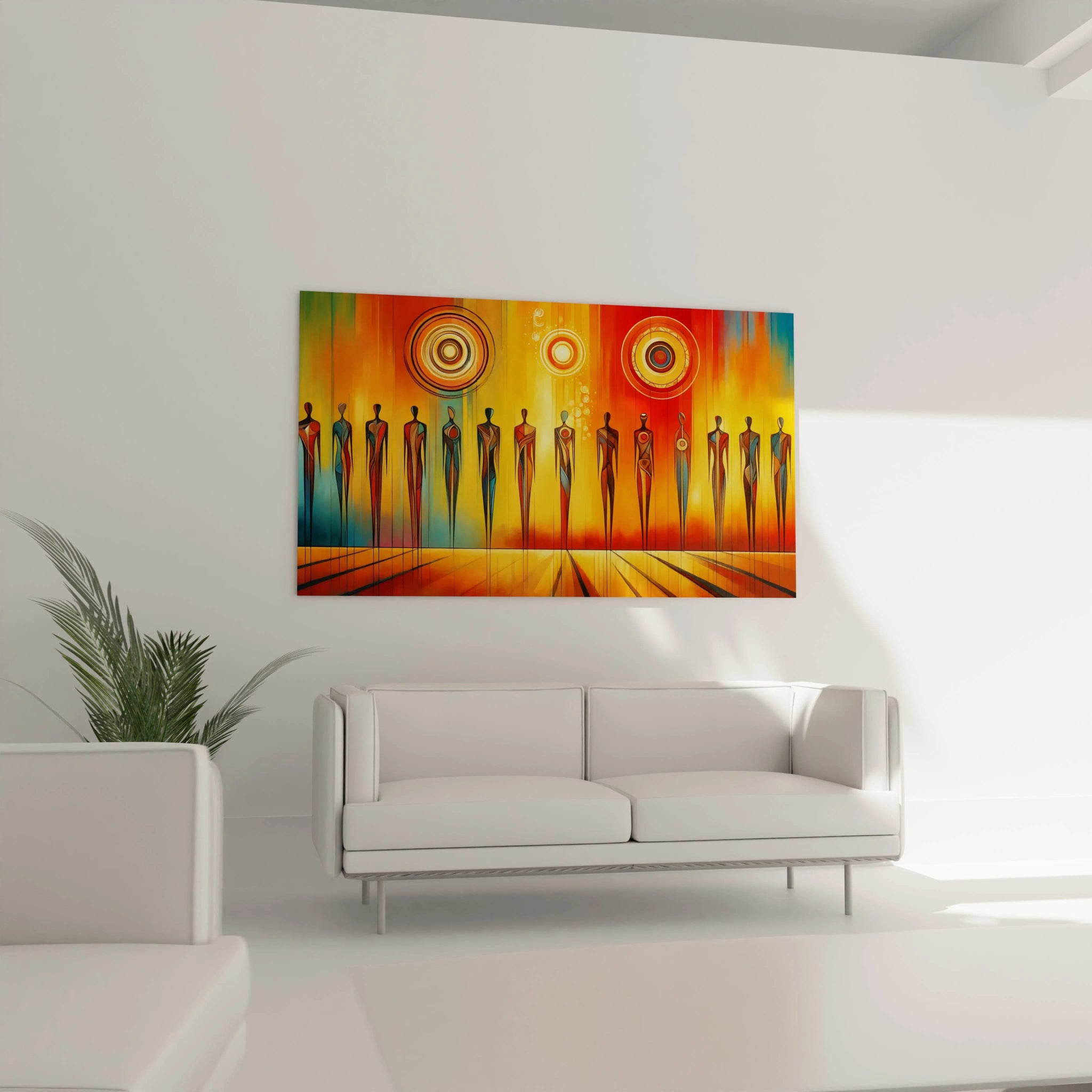 Accroché au mur du salon, ce tableau africain au-dessus du canapé apporte une touche de culture et de dynamisme. Les lignes fines et les couleurs vibrantes créent un contraste saisissant.

