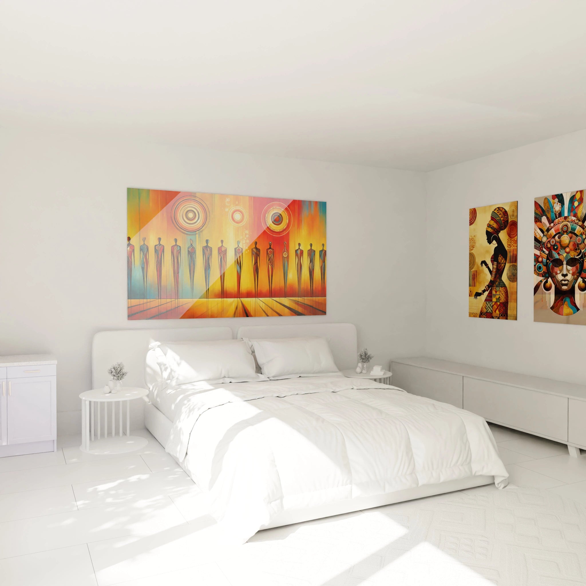 Dans cette chambre, ce tableau africain, au-dessus du lit, illumine l’espace avec ses couleurs chaudes et ses formes abstraites. Les motifs géométriques créent une ambiance sereine et énergique.

