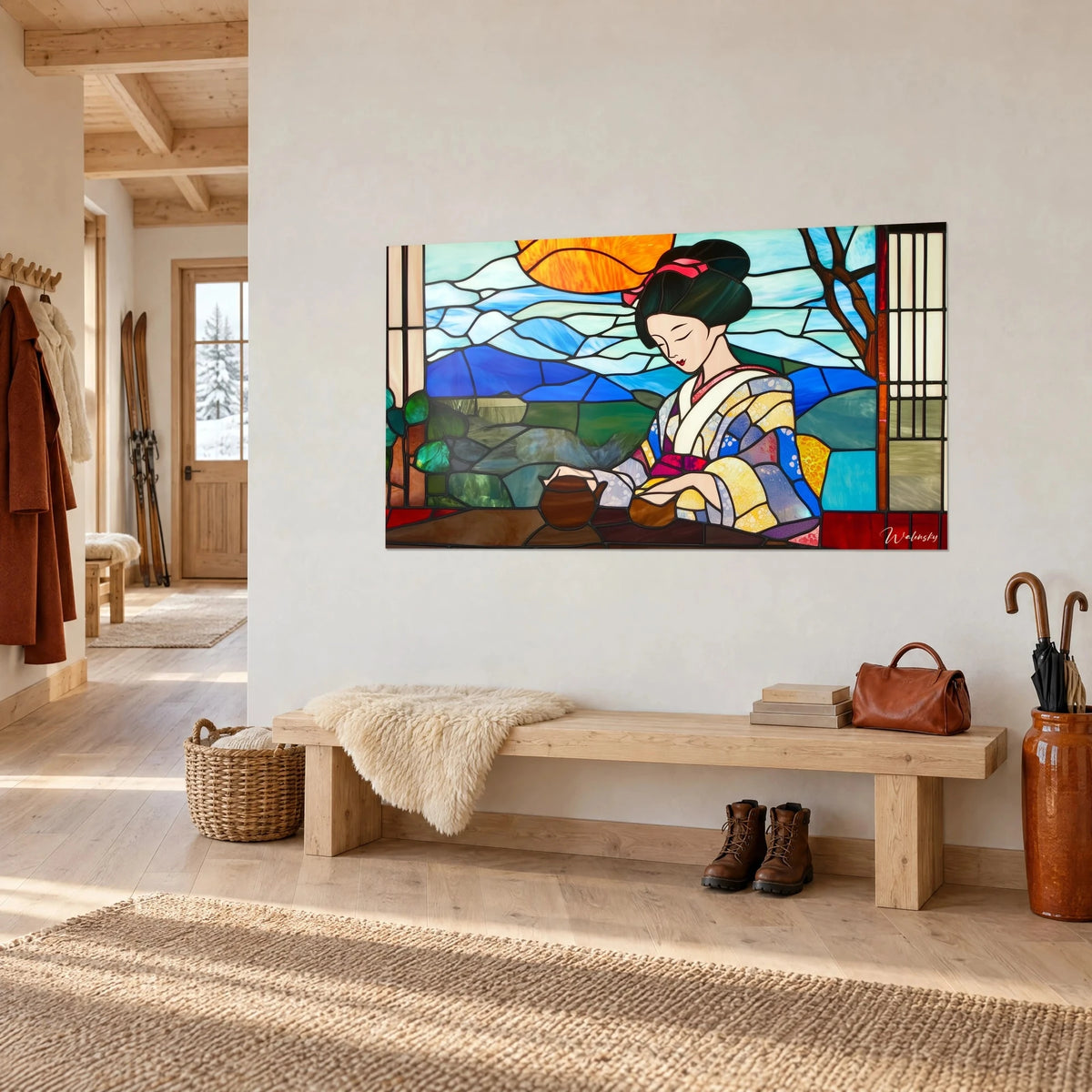 Tableau cérémonie du thé en vitrail, jeune femme au chignon noir et ruban rose, mur clair d'une entrée en bois de chalet
