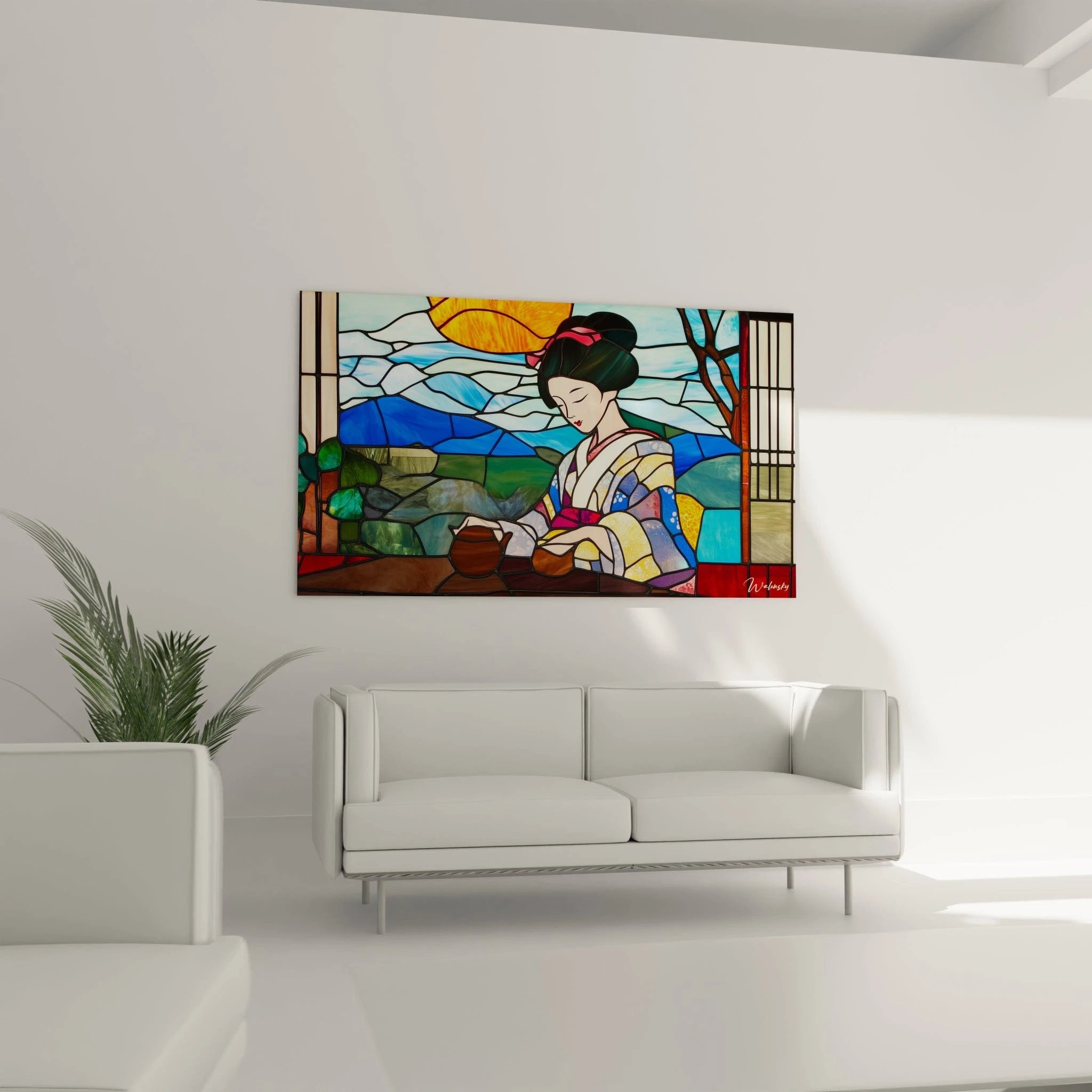 Un tableau vitraux figurant une cérémonie du thé japonaise avec une geisha au visage serein, vêtue d'un kimono traditionnel, entourée d'un paysage stylisé où dominent les bleus et les verts, réalisé avec la technique du verre sertis.
