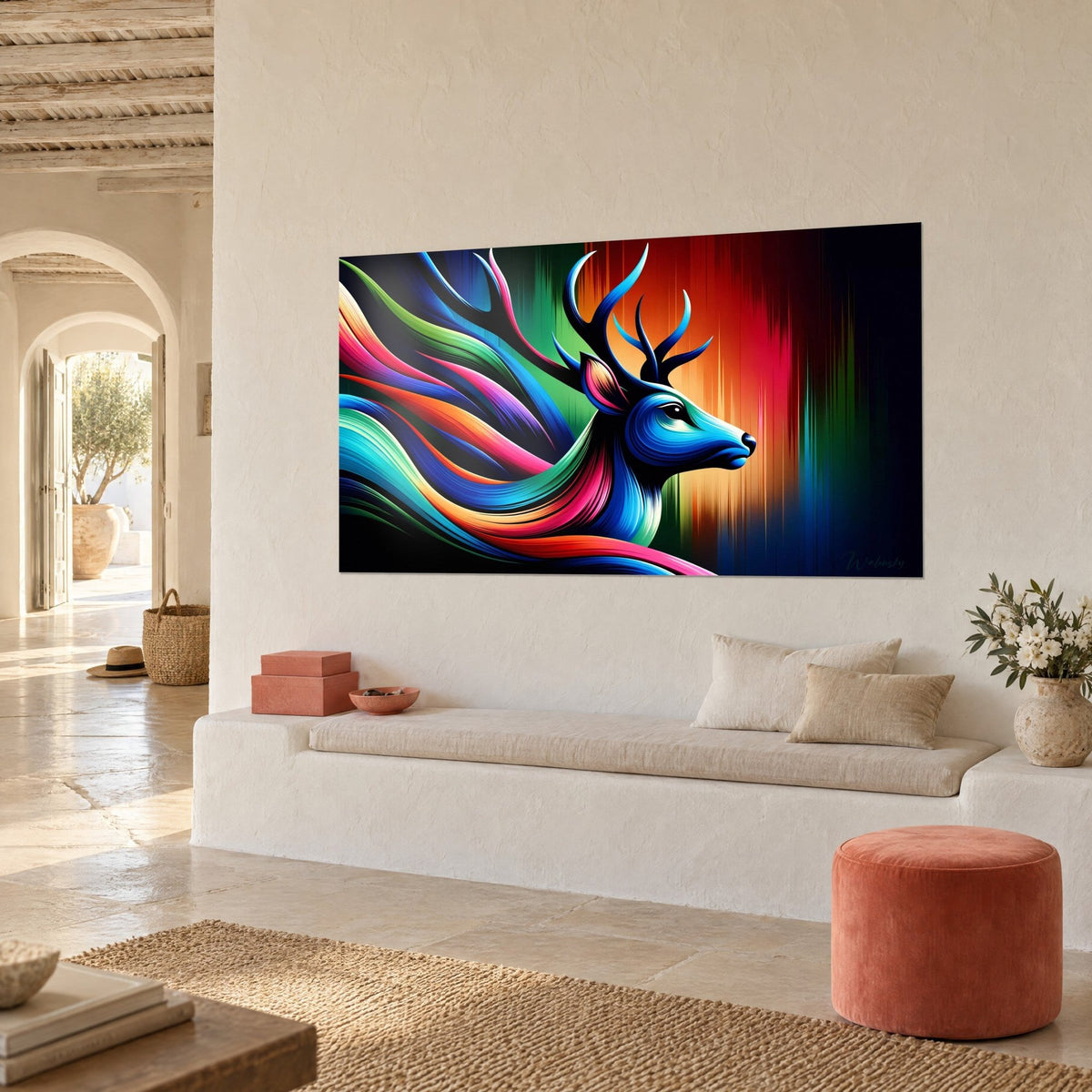 Quadro profilo di cervo indaco che attraversa nastri arancio e turchesi, sfondo rosso a righe, parete imbiancata della casa