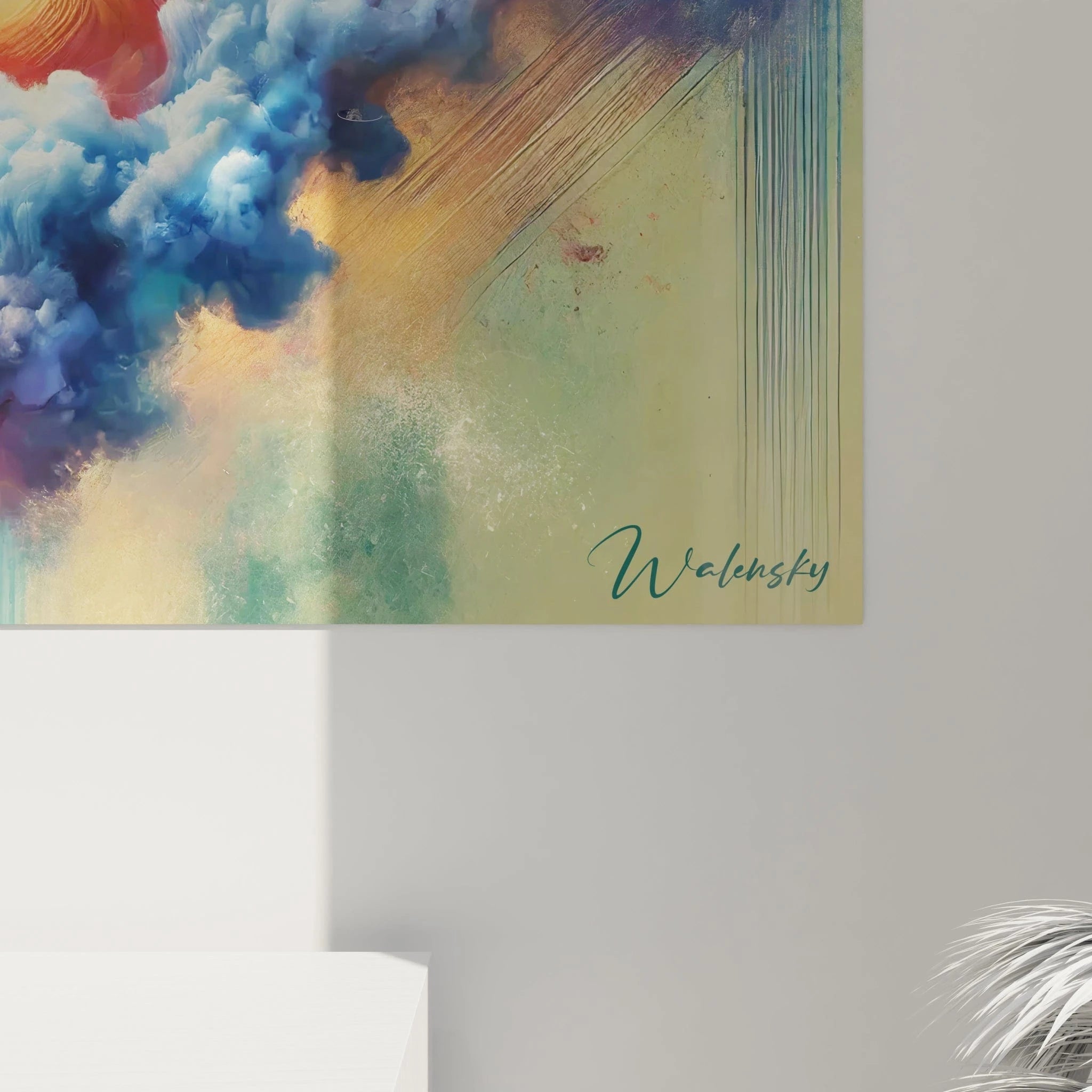 vue de pres tableau cerf bois majestueux et textures nuageuses en jaune dore violet et bleu chaque detail refleche une harmonie entre realisme et abstrait une ode a la serenite naturelle

