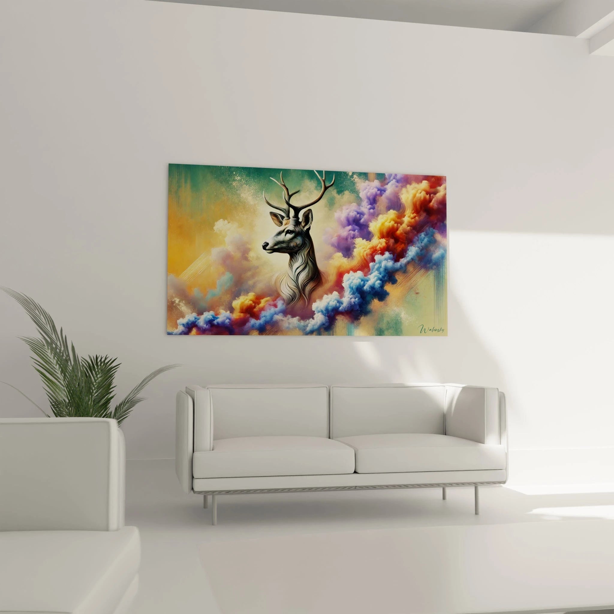 tableau cerf accroche au mur d’un salon au-dessus d’un canape des nuages pastels tourbillonnent autour d’un cerf detaille et realiste tons dore violet bleu ambiance chaleureuse et sereine

