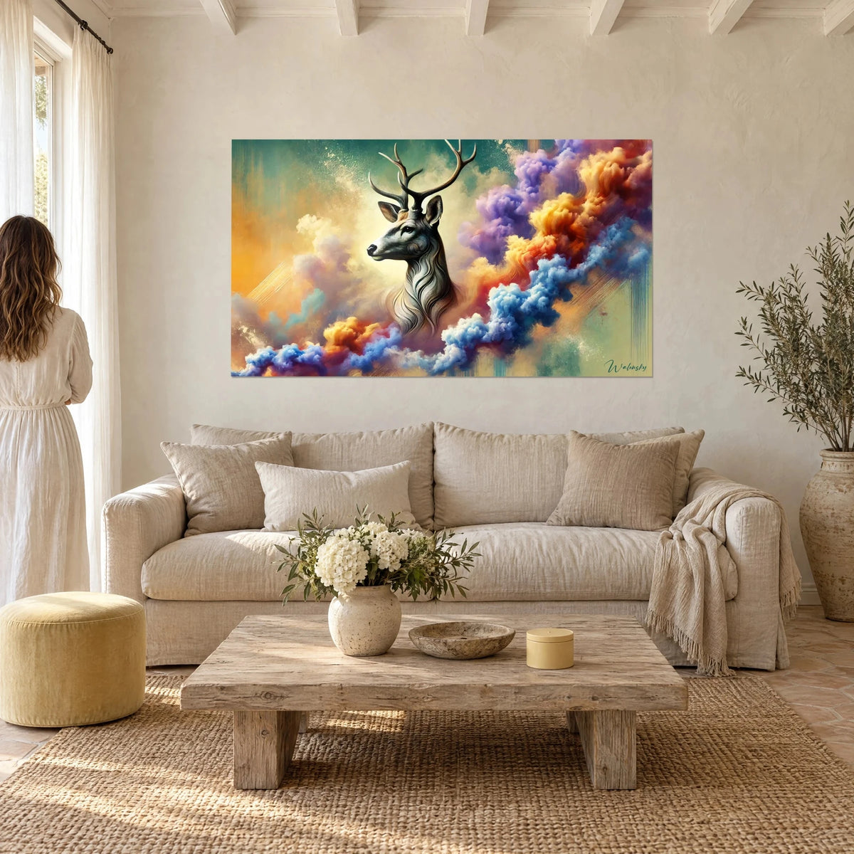 Wall art of a stag with fine antlers emerging from violet and orange smoke, above a sofa in a bright living room