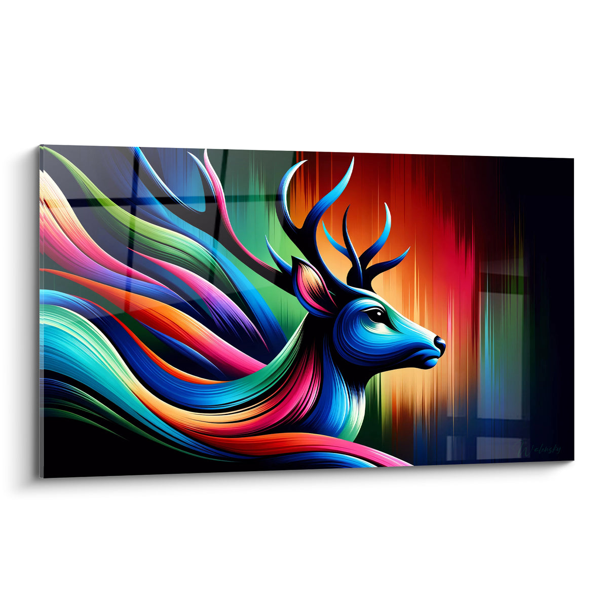 Cerf bleu marine au profil serein, crinière fuchsia et turquoise en mouvement fluide sur fond dégradé