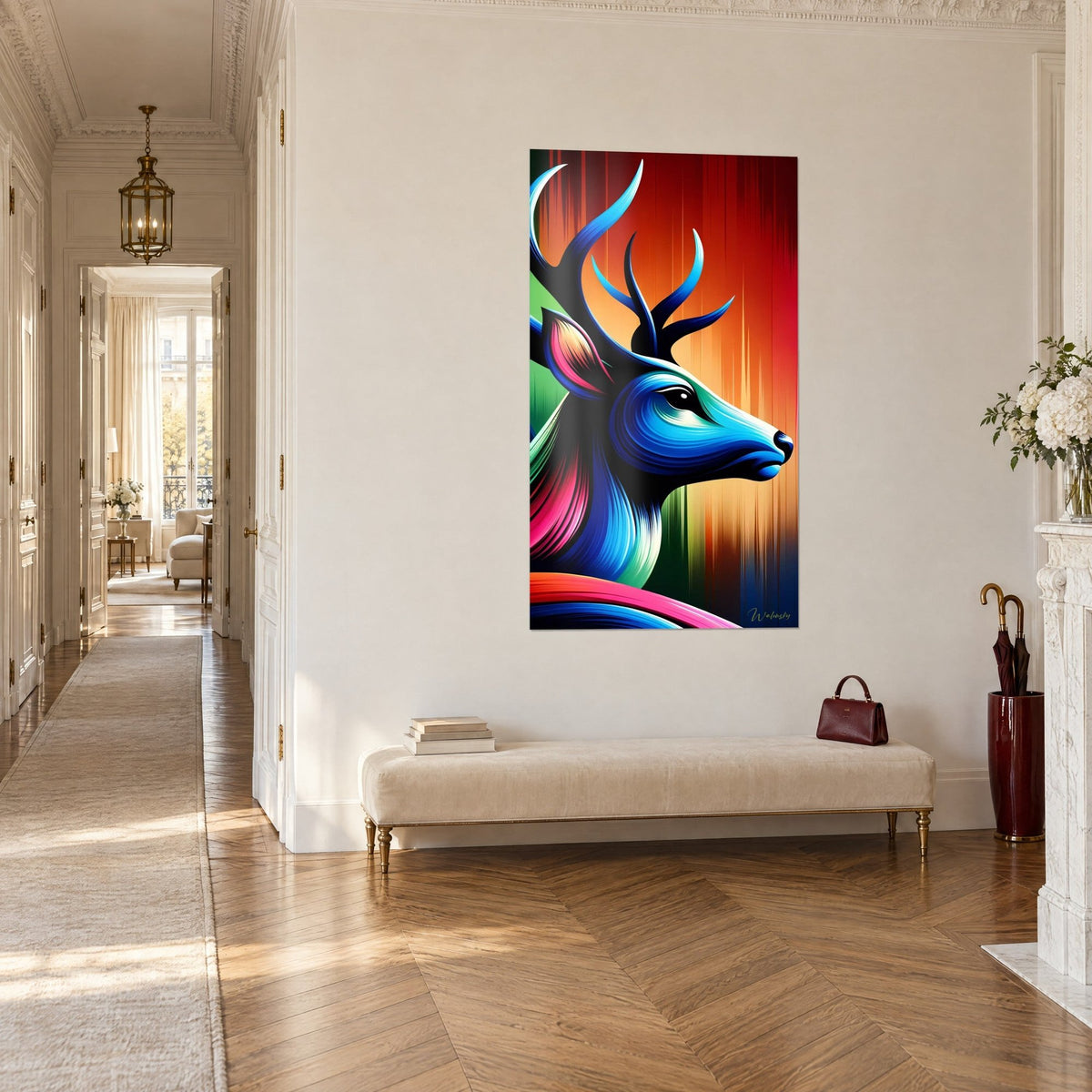 Wall art electric creature with a blue muzzle and pink mane, upright cobalt antlers, blazing red background, Haussmann-style corridor