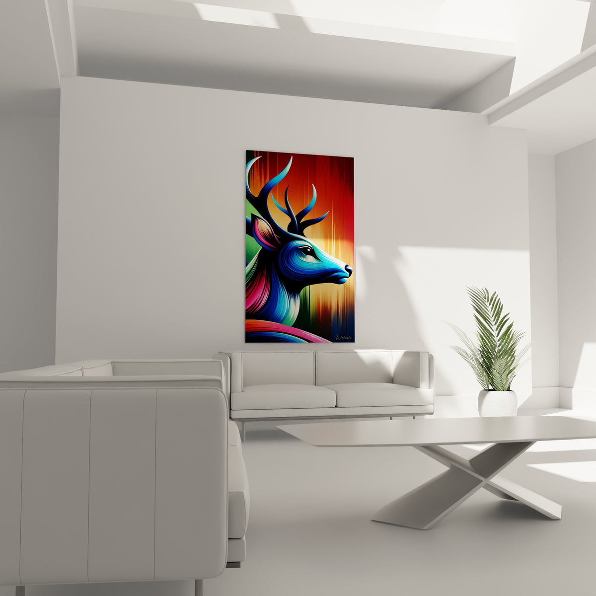 Portrait de cerf bleu marine aux touches roses, suspendu au-dessus d'un canapé dans un salon lumineux