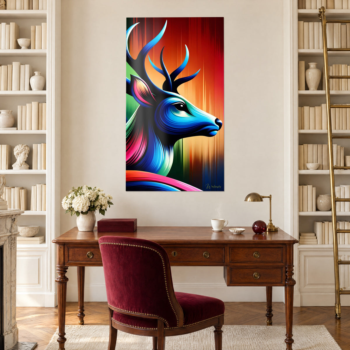 Tableau cerf bleu nuit aux bois effilés et touches roses sur fond ardent orange et rouge, au-dessus d'un bureau en bois et ses étagères