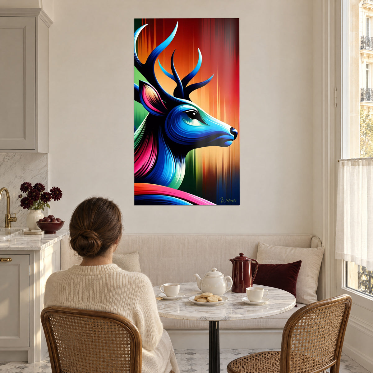 Tableau tête de cerf aux coups de pinceau bleus et roses, fond rayé orange et vert, vue depuis une table de cuisine claire