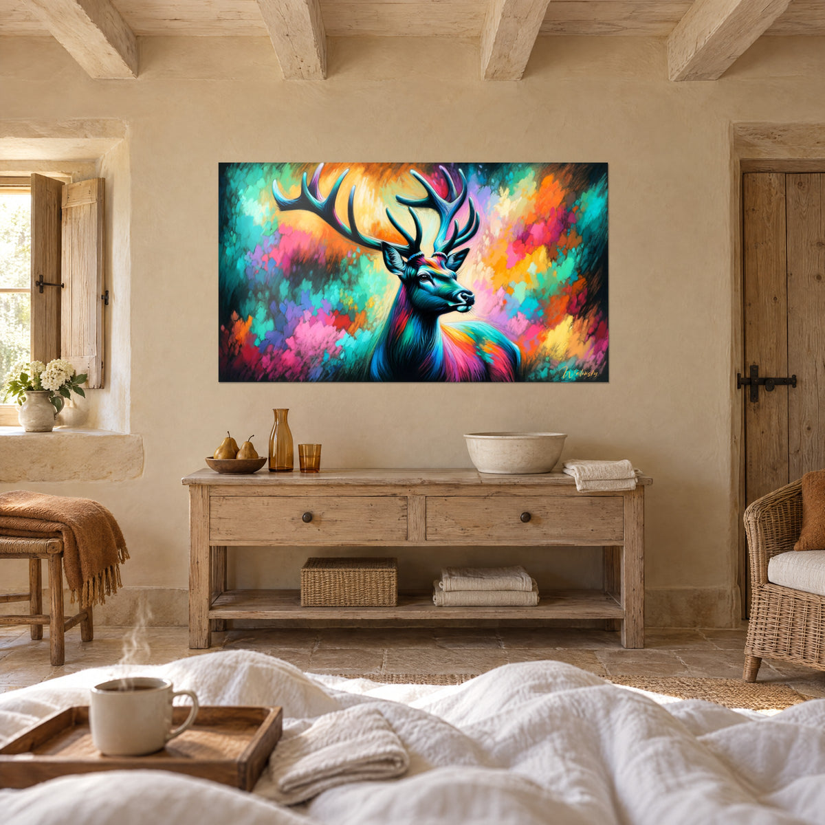 Wall art woodland stag with turquoise antlers, coat striped in red and green, vivid orange background, above a bed in a light bedroom