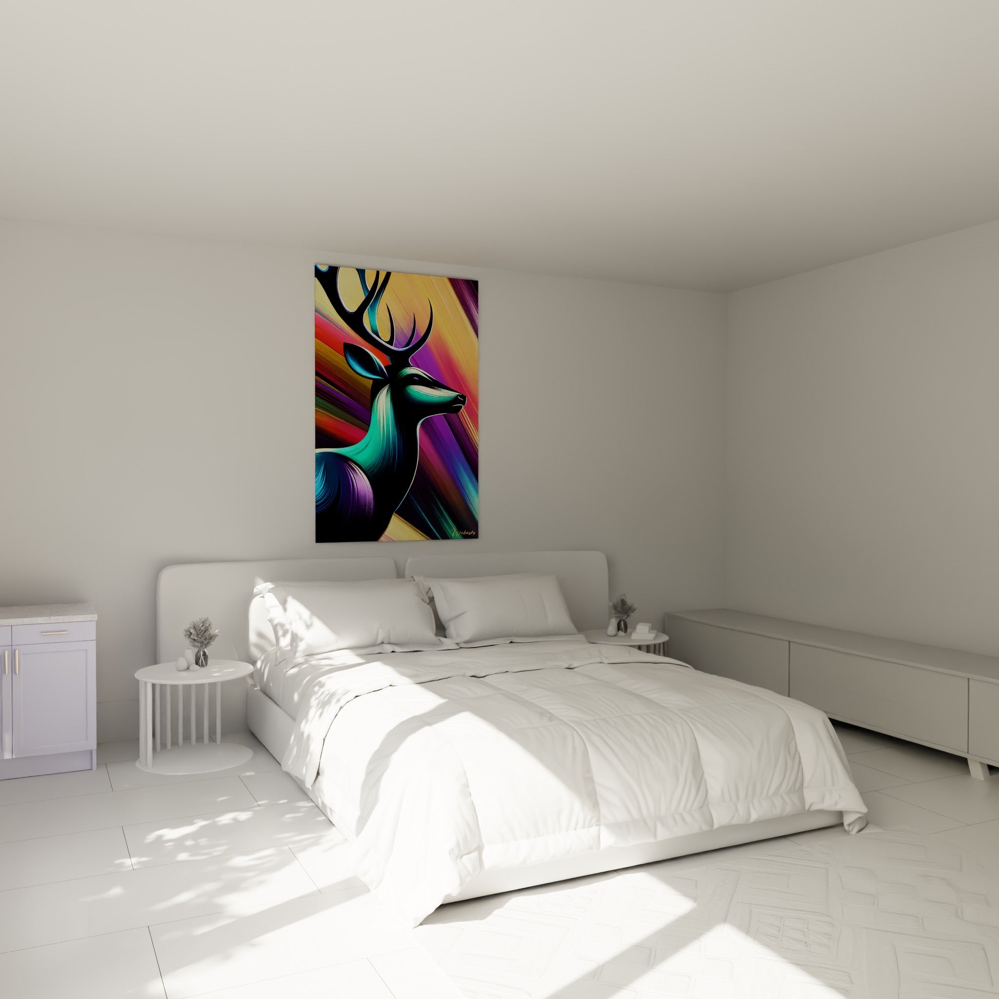 Silhouette de cerf turquoise et corail illuminée de rayons dorés, au-dessus d'un lit dans une chambre claire
