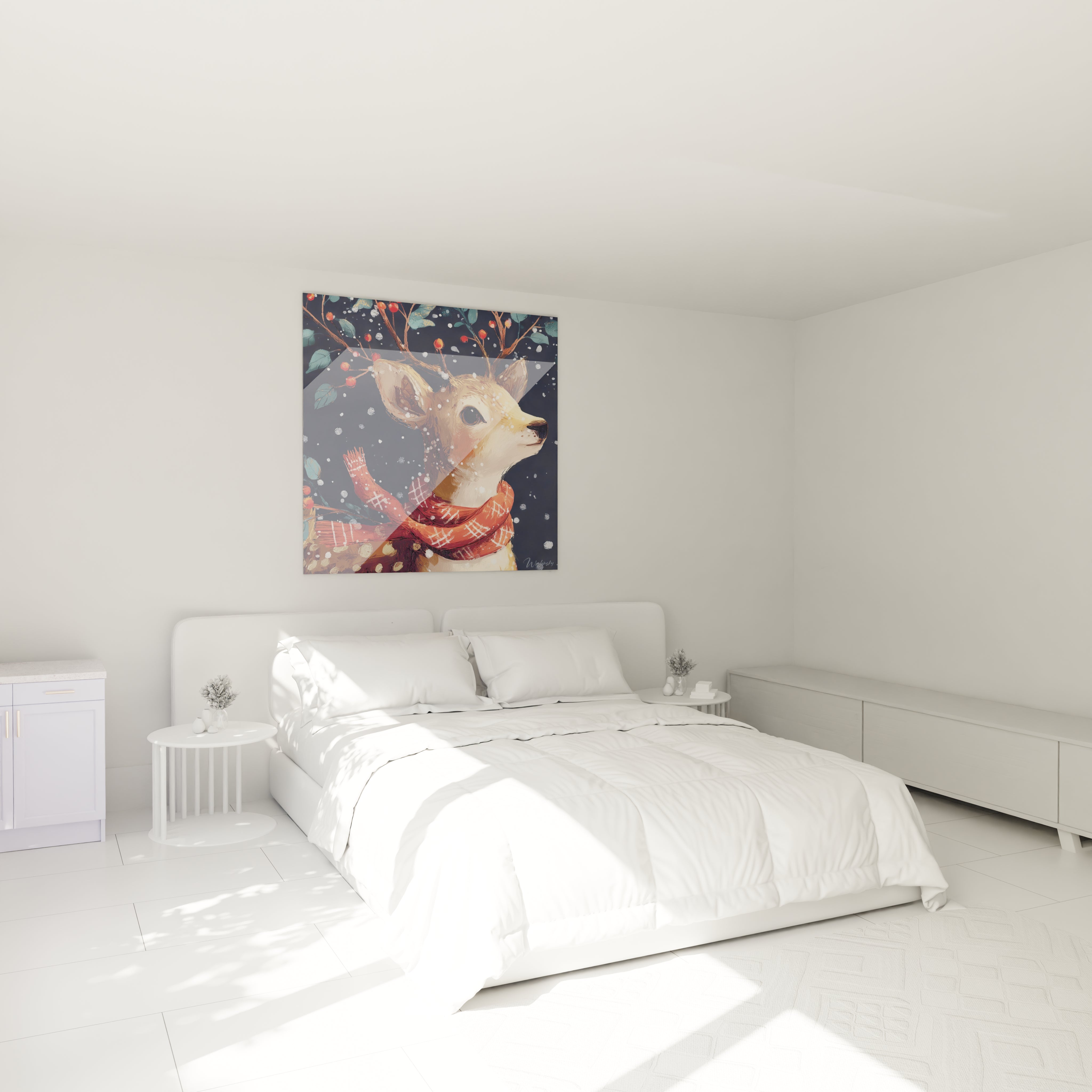 Tableau cerf de Noël au mur d'une chambre lumineuse avec lit blanc