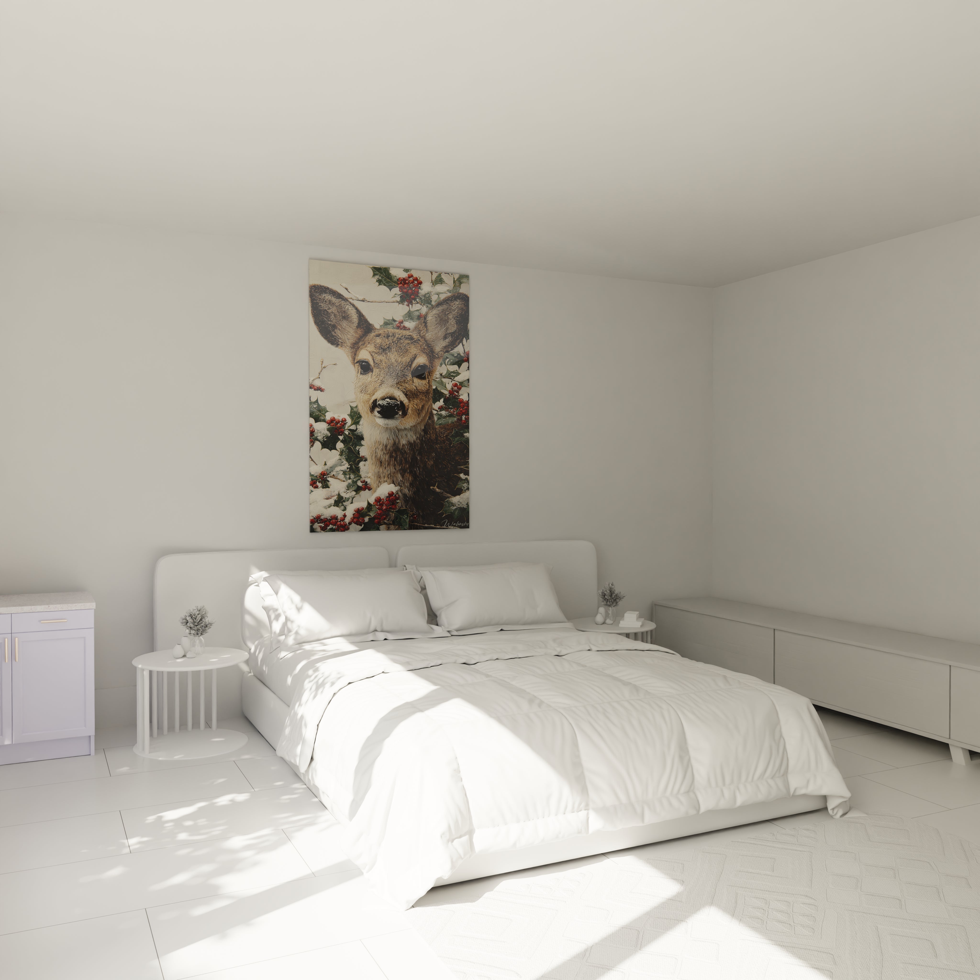 Tableau mural cerf de Noël de Walensky dans une chambre moderne et lumineuse