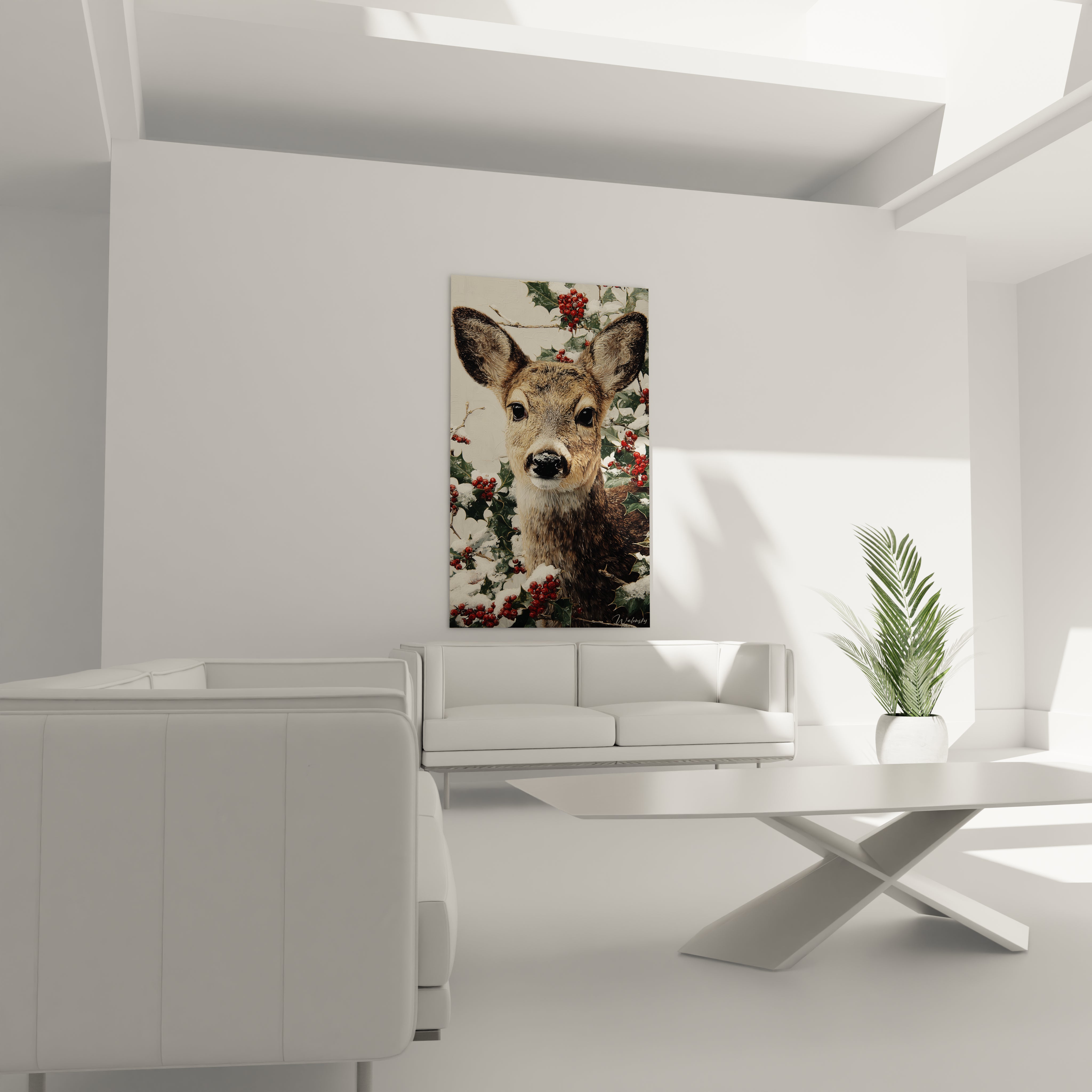 Tableau cerf de Noël sur un mur avec des décorations de baies rouges dans un espace moderne