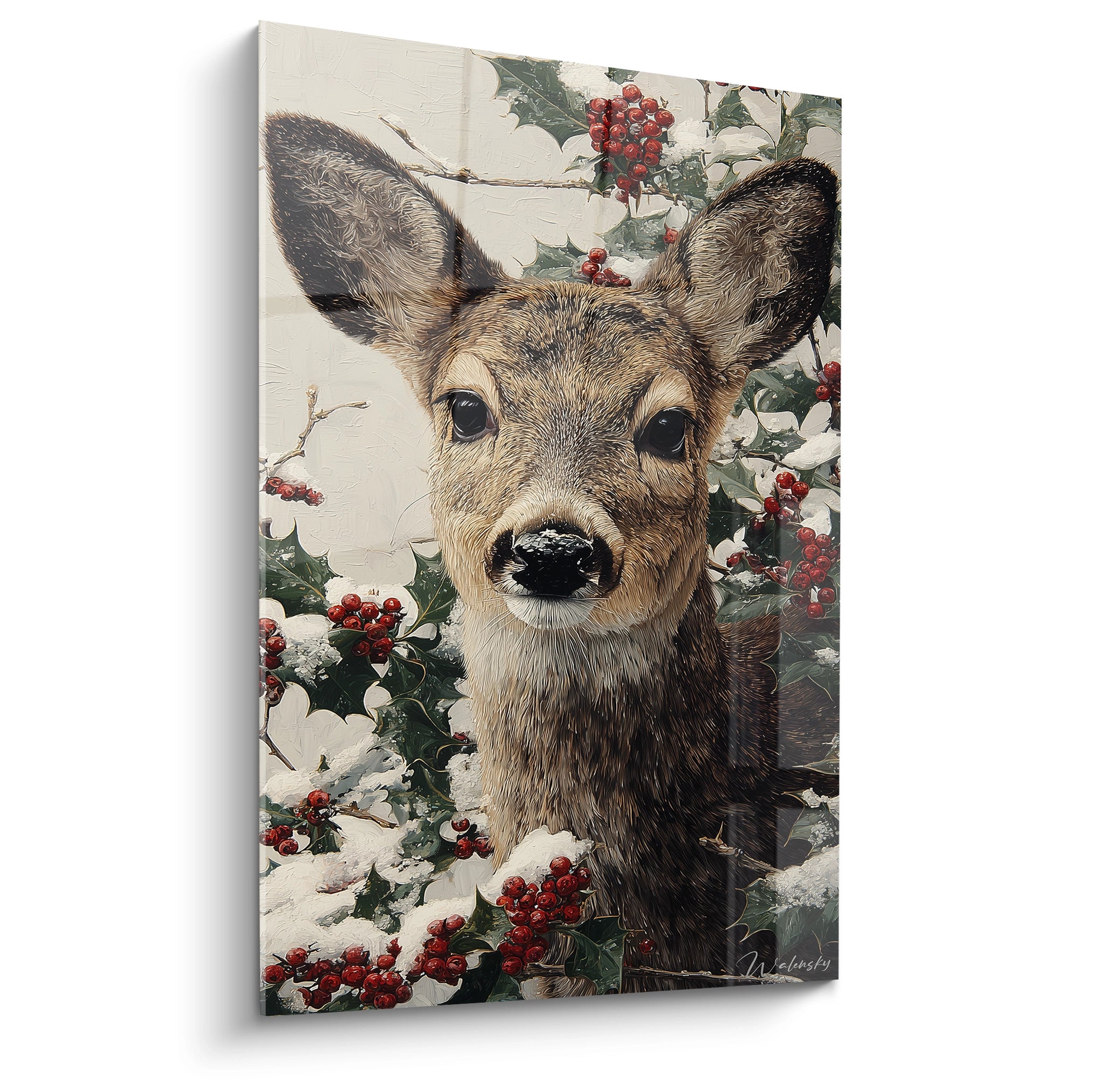 Tableau cerf de Noël avec fond de houx et d'hiver, parfait pour la décoration festive