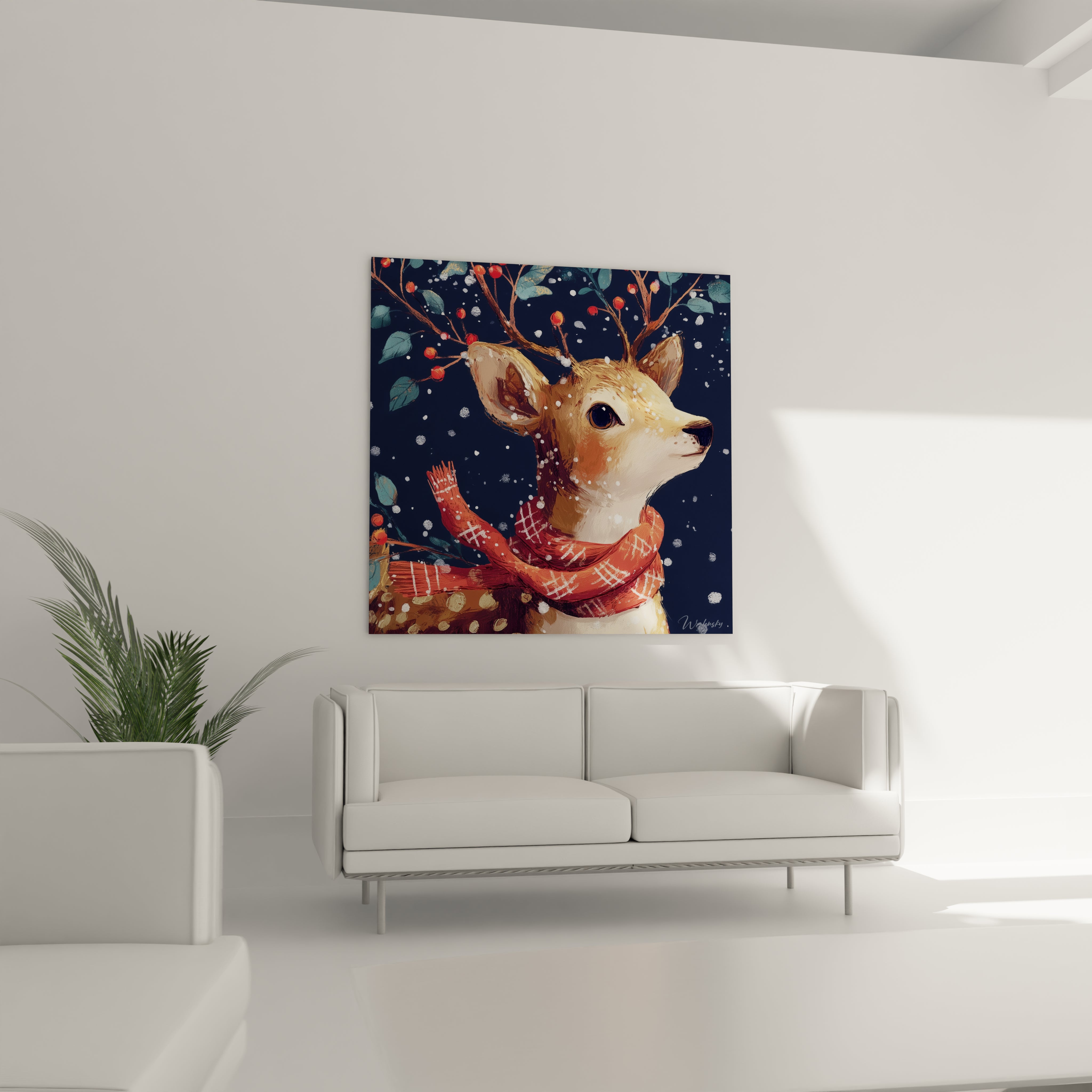 Tableau cerf de Noël décoratif avec un cerf portant une écharpe dans un salon moderne