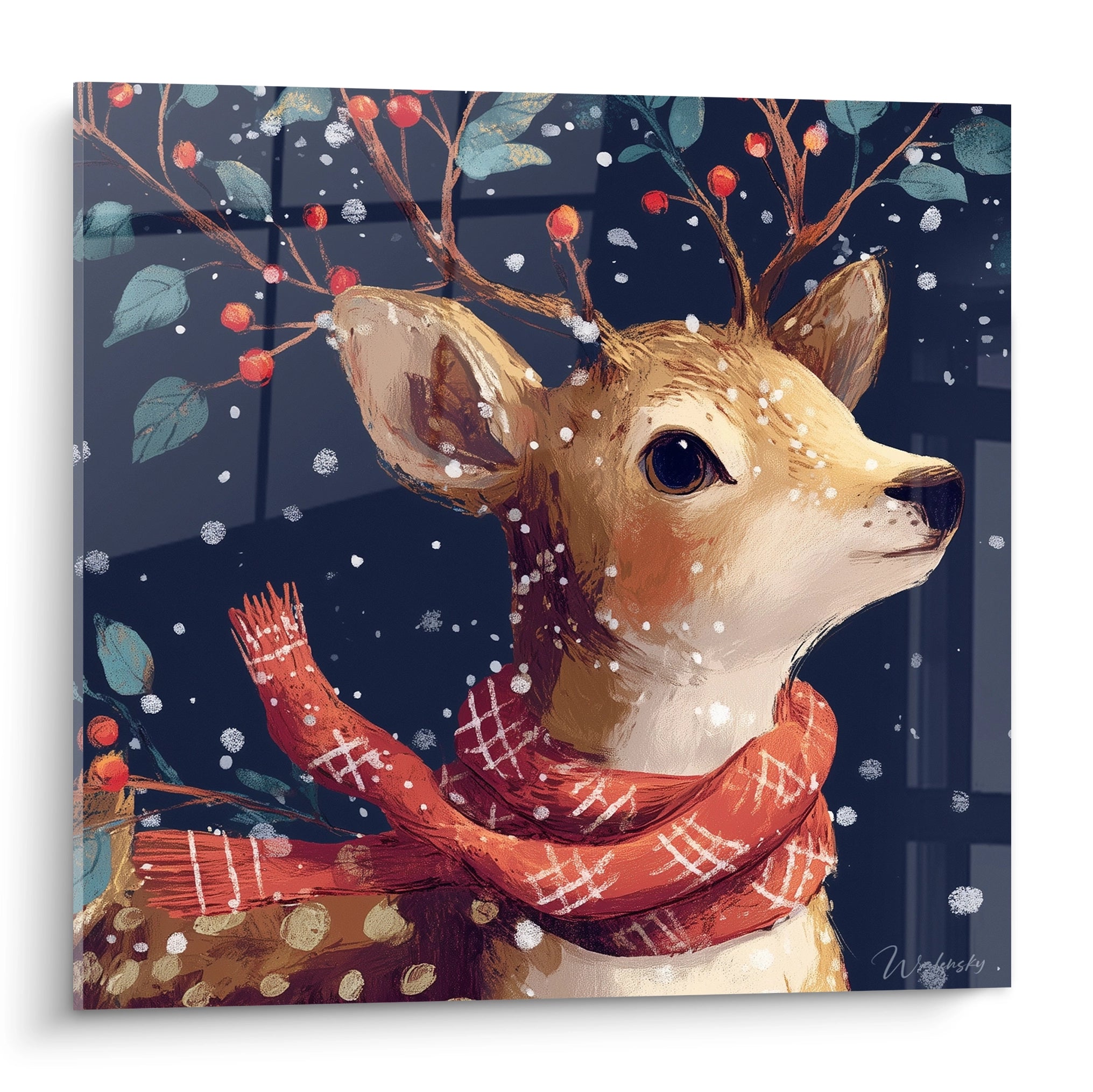 Tableau mural cerf de Noël avec écharpe rouge sur fond hivernal