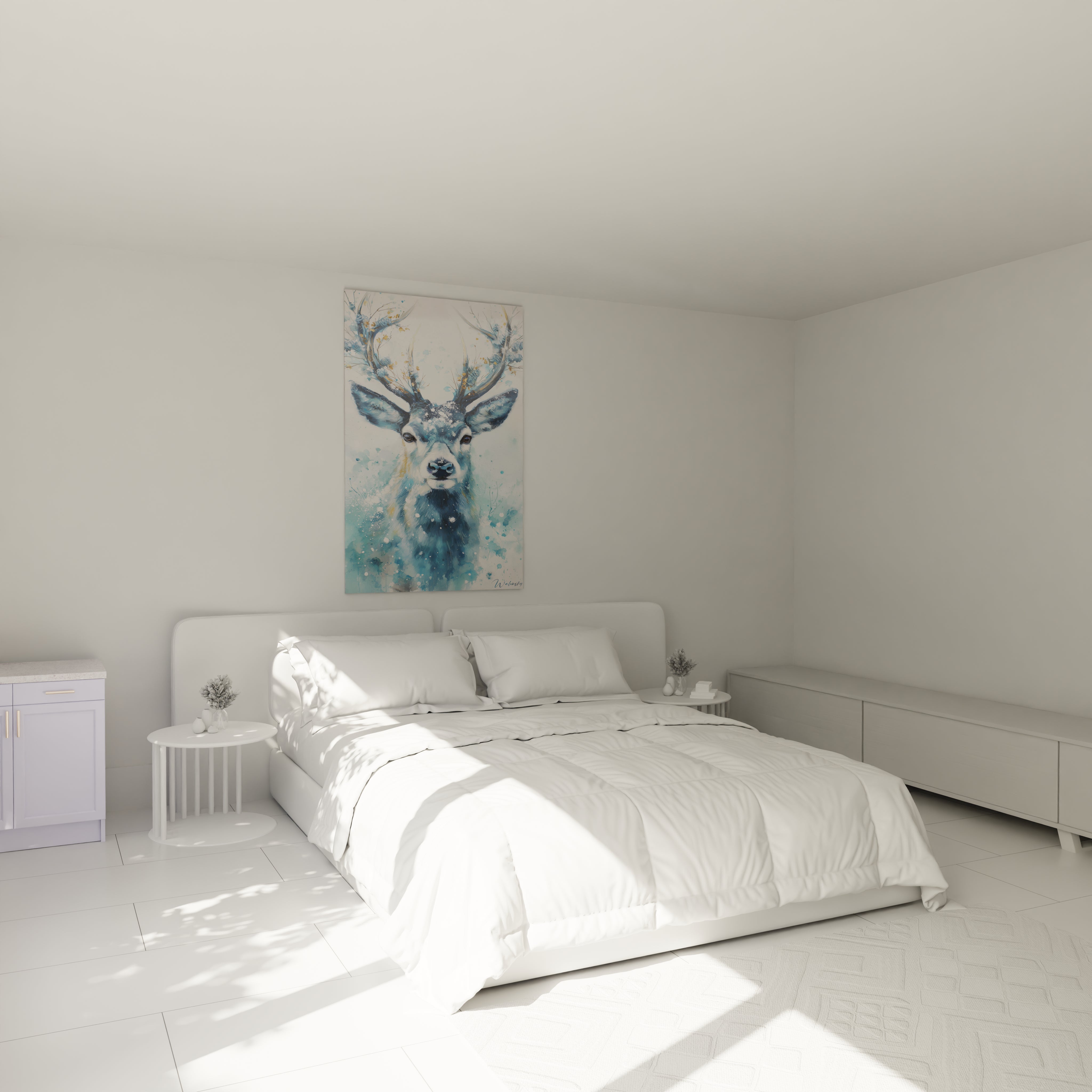 Tableau cerf décoration murale dans une chambre lumineuse avec lit et mobilier moderne