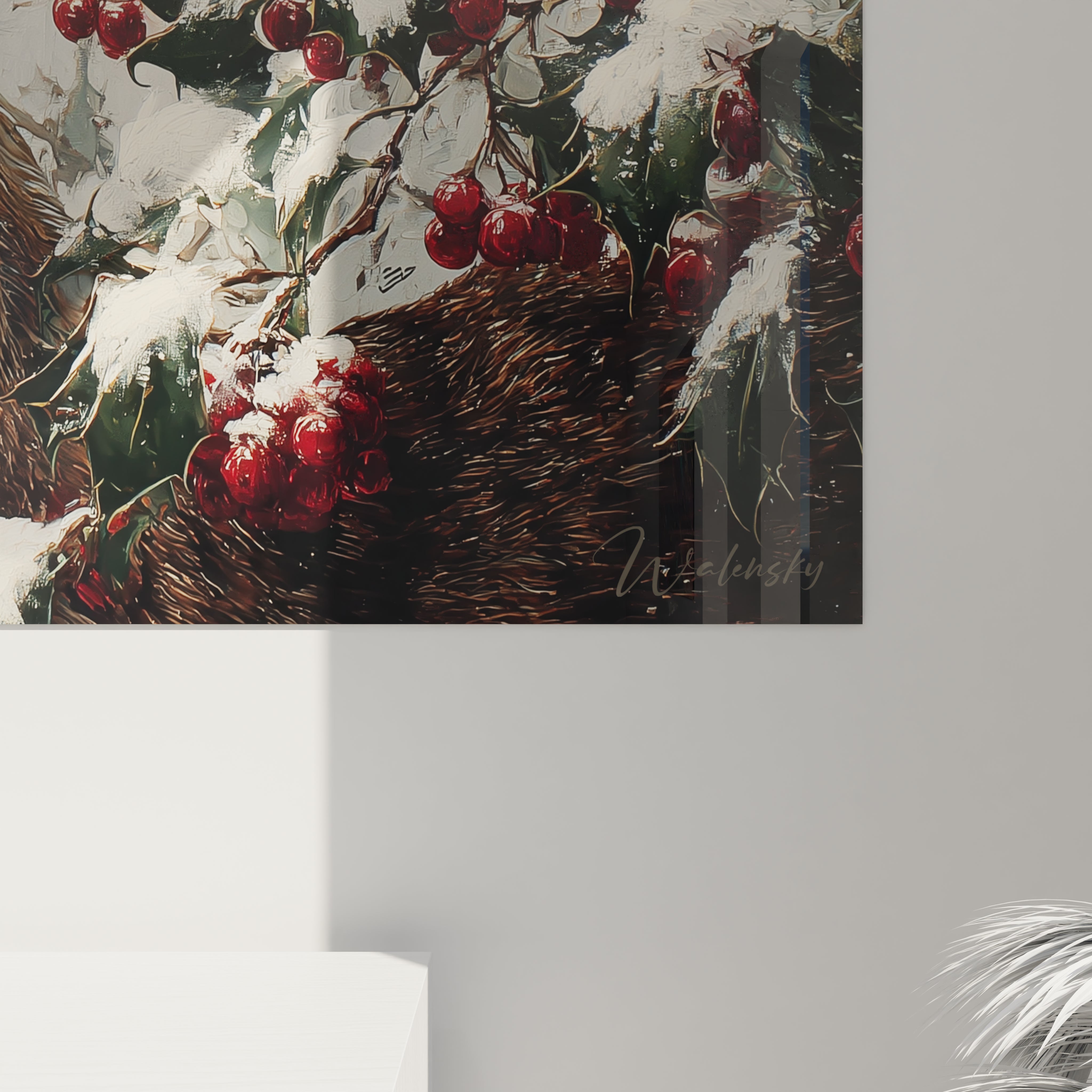 Tableau cerf décoration Noël de Walensky avec des baies rouges et un arrière-plan hivernal