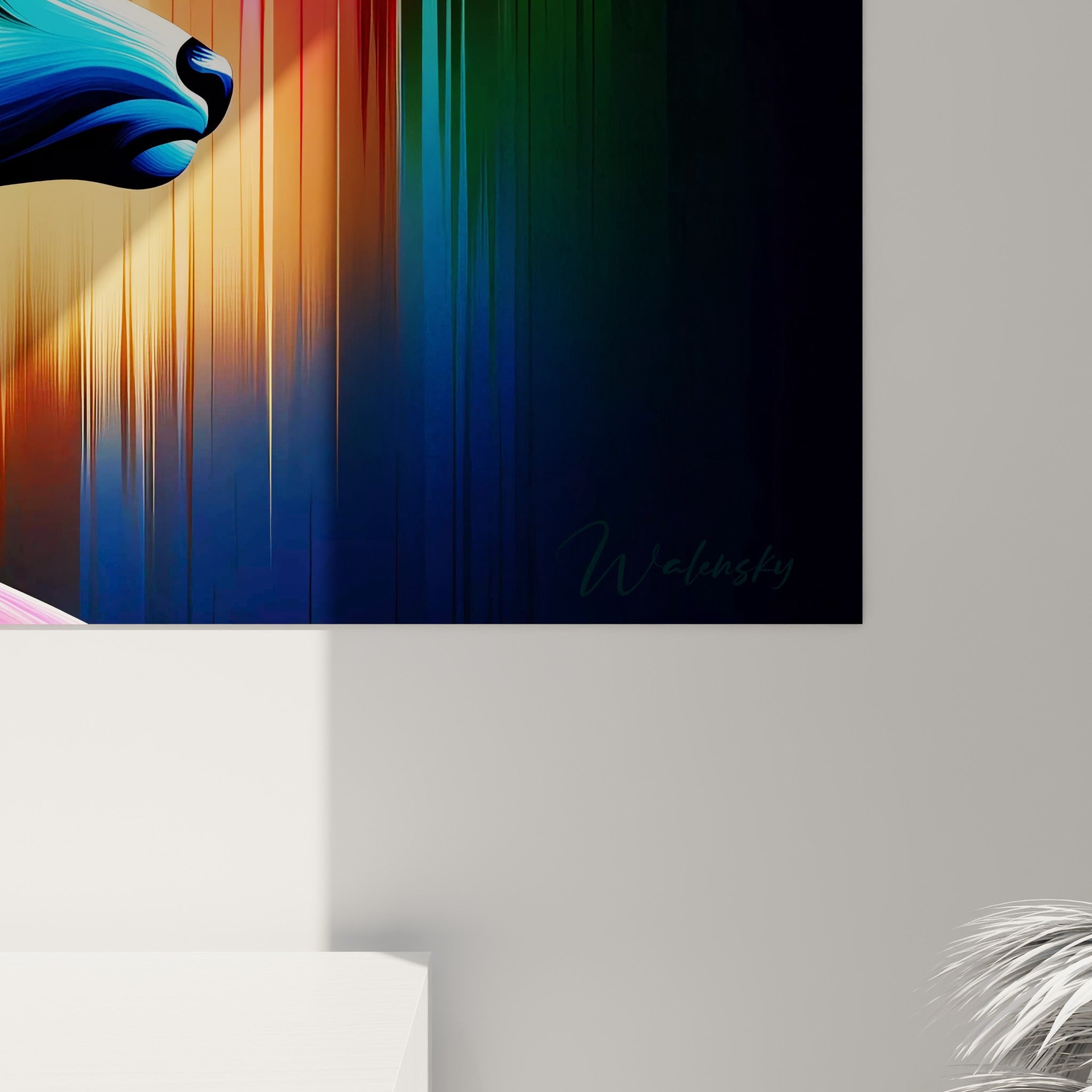 Détail des mèches turquoise, rose et émeraude entrelacées sur le pelage bleu marine de ce cerf graphique
