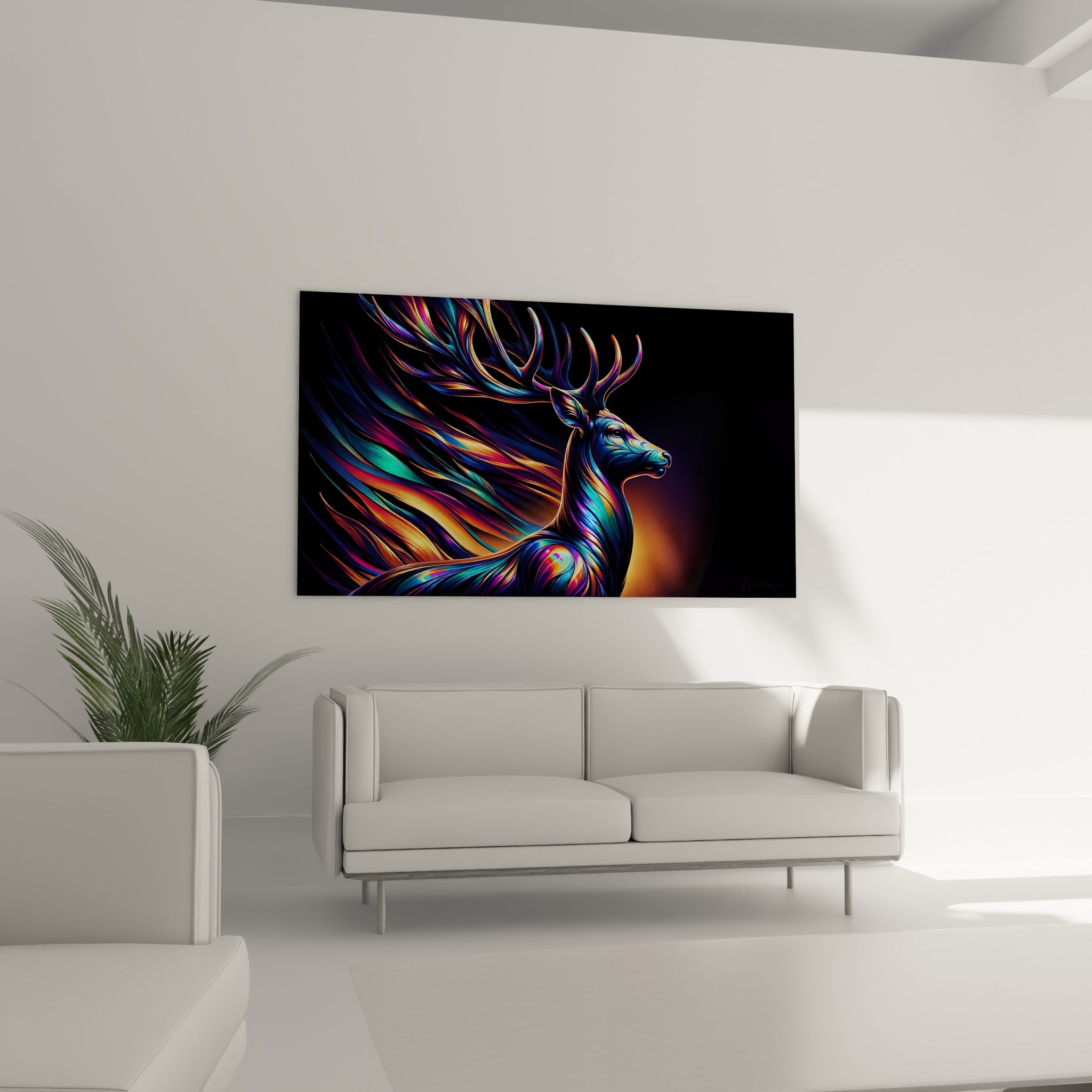 Silhouette animale dorée et bleu marine, panache lumineux, au-dessus d'un canapé dans un salon lumineux