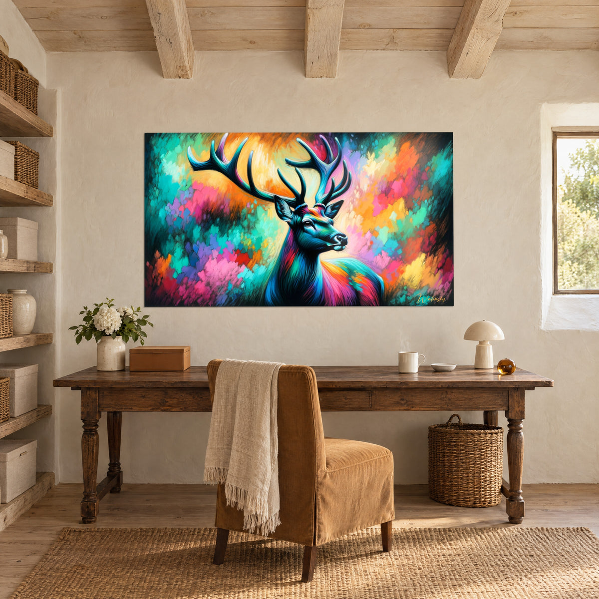 Wall art large stag painted in pastel, turquoise antlers and a vibrant pink-orange background, above a countryside wooden desk