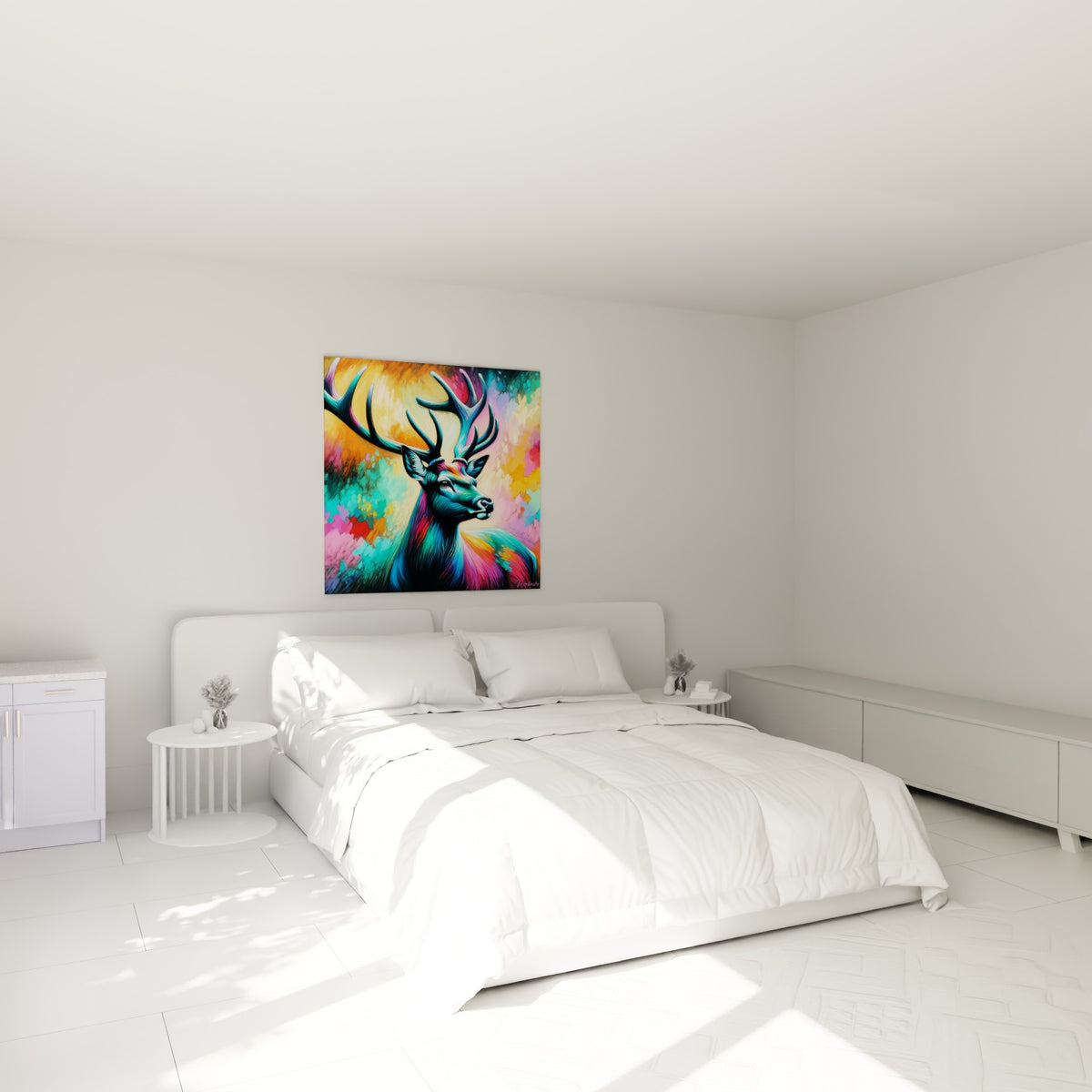 Ramure bleu pétrole et pelage fuchsia du cerf, accrochée au-dessus d'un lit dans une chambre claire