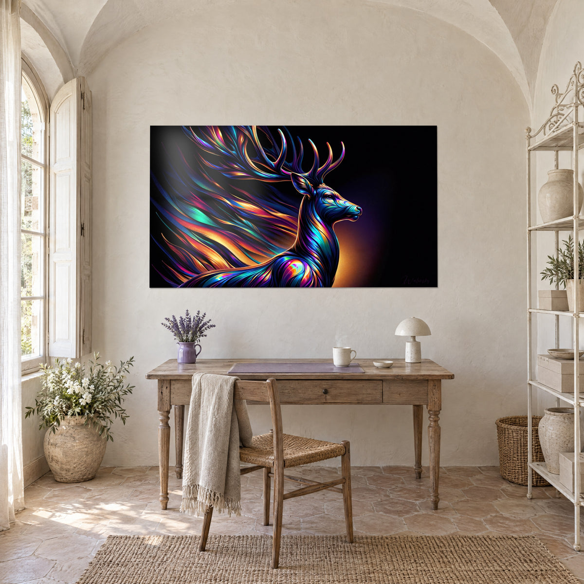Tableau cervidé aux bois en rubans orange et bleu, halo ambré derrière la tête, au mur d'un bureau en bois dans un mas provençal