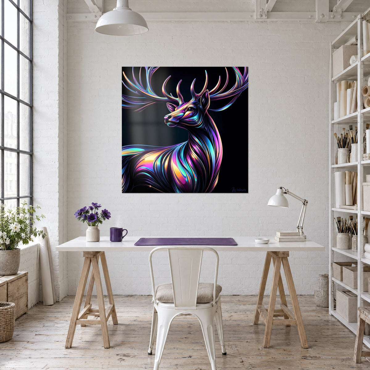 Tableau cerf aux reflets métalliques bleu et violet, mur blanc au-dessus d'un bureau en tréteaux avec lampe et fleurs