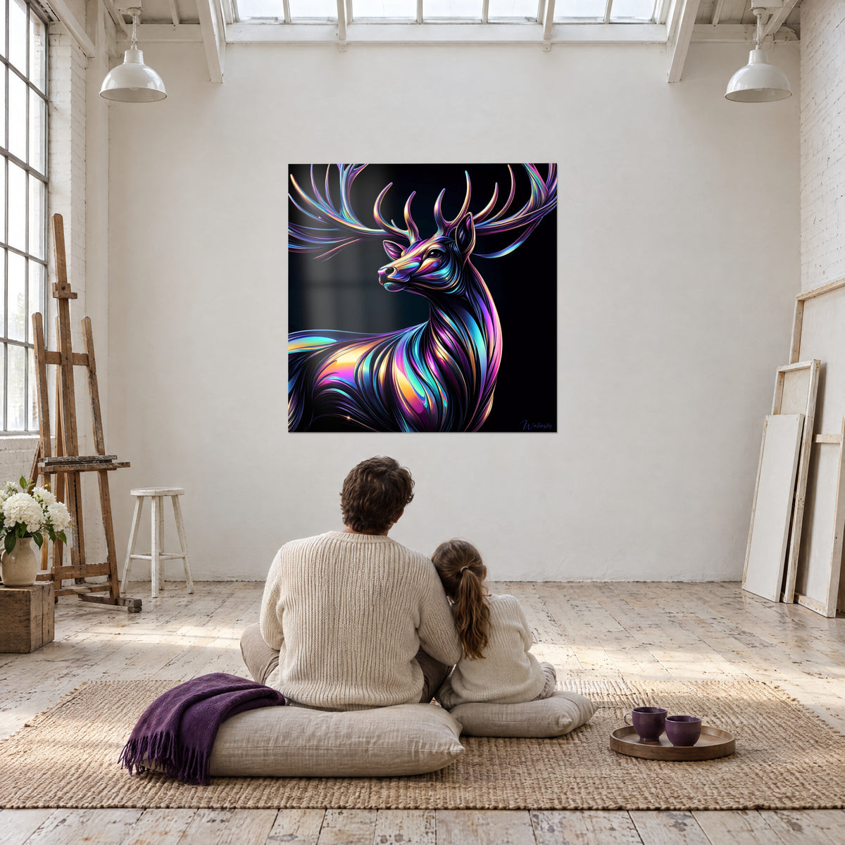Tableau biche majestueuse en dégradés violet et turquoise, contemplée par un adulte et un enfant de dos assis au sol