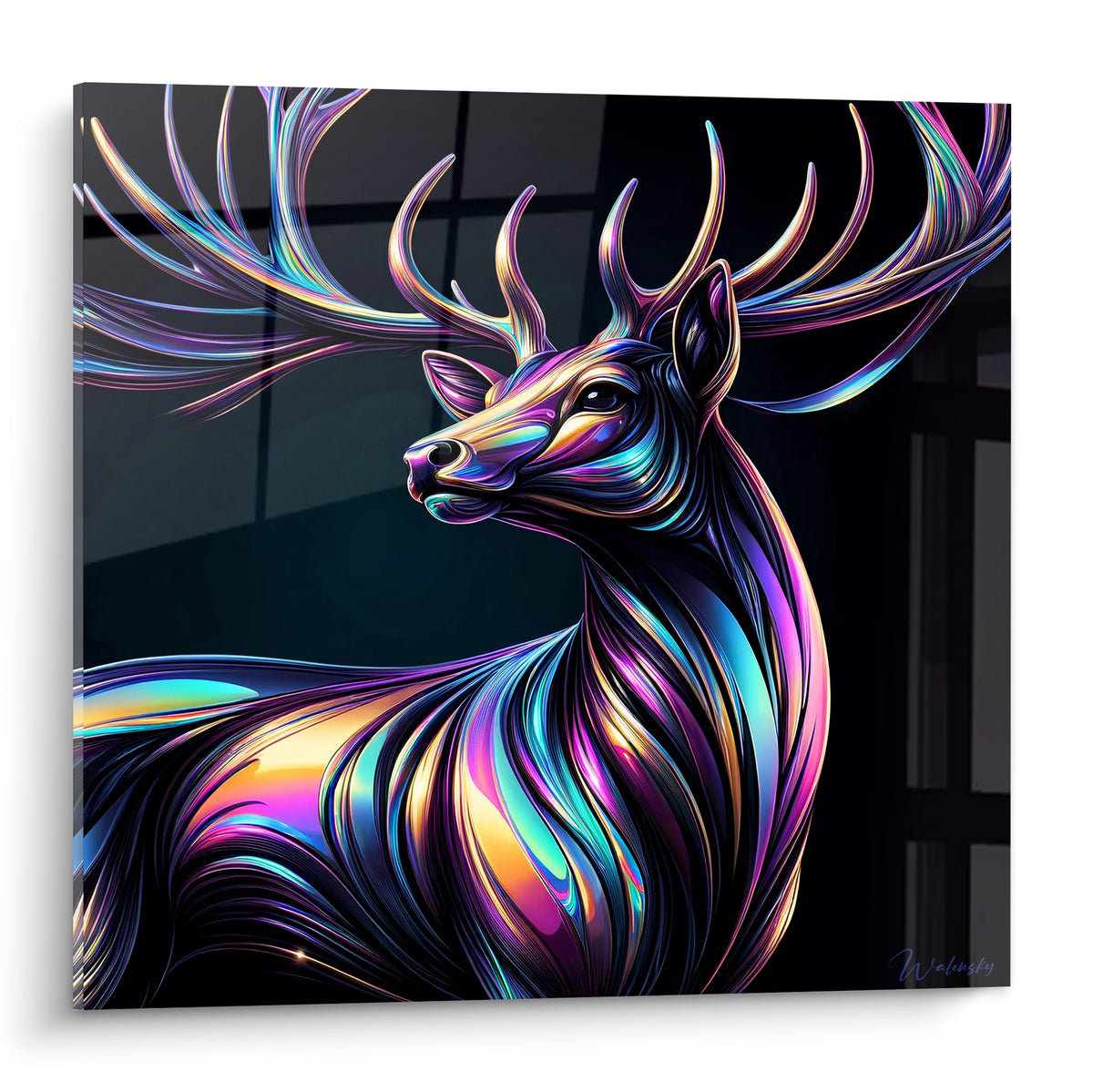 Cerf holographique violet et turquoise en profil sur fond noir profond intense