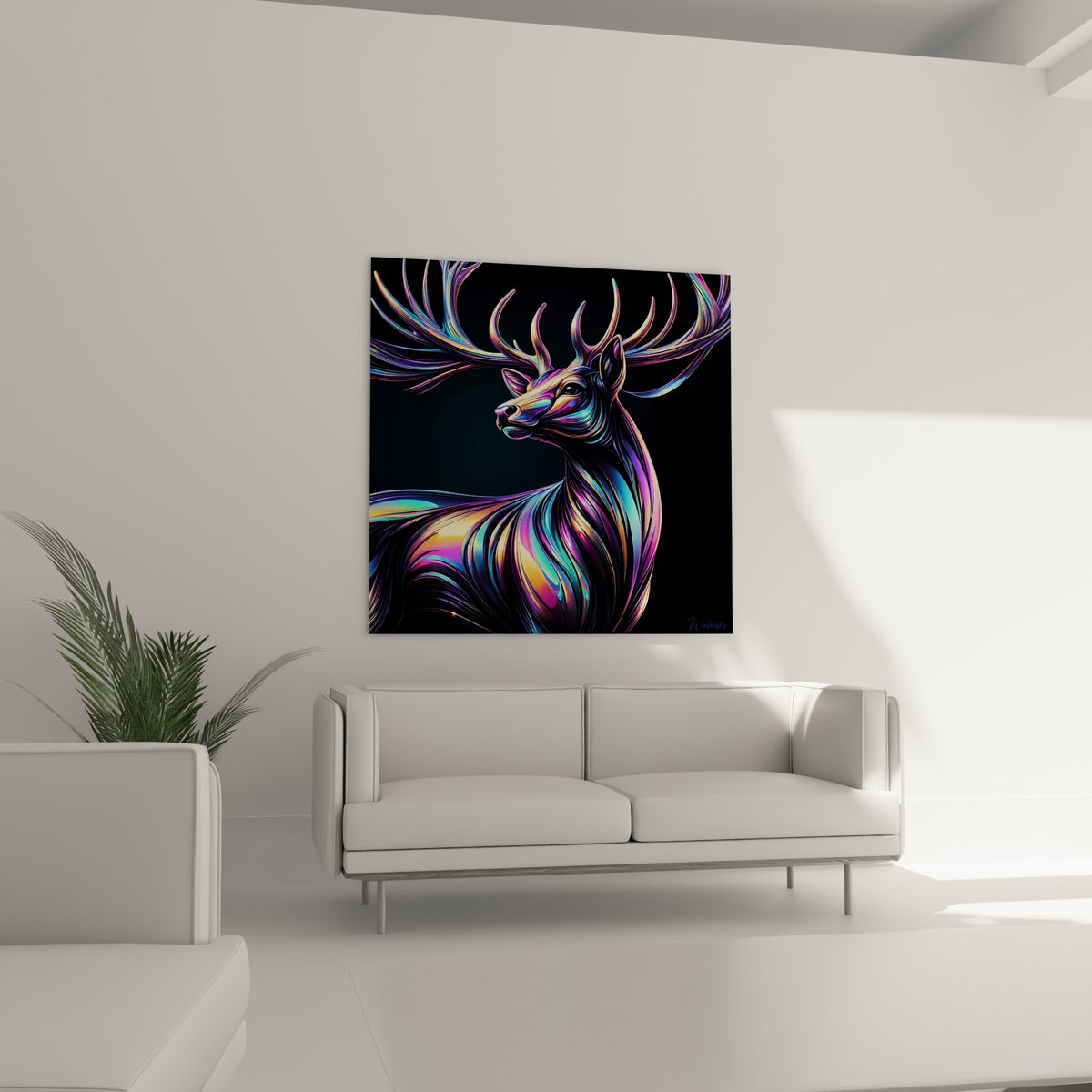 Silhouette d'un cerf turquoise et pourpre au-dessus d'un canapé dans un salon lumineux
