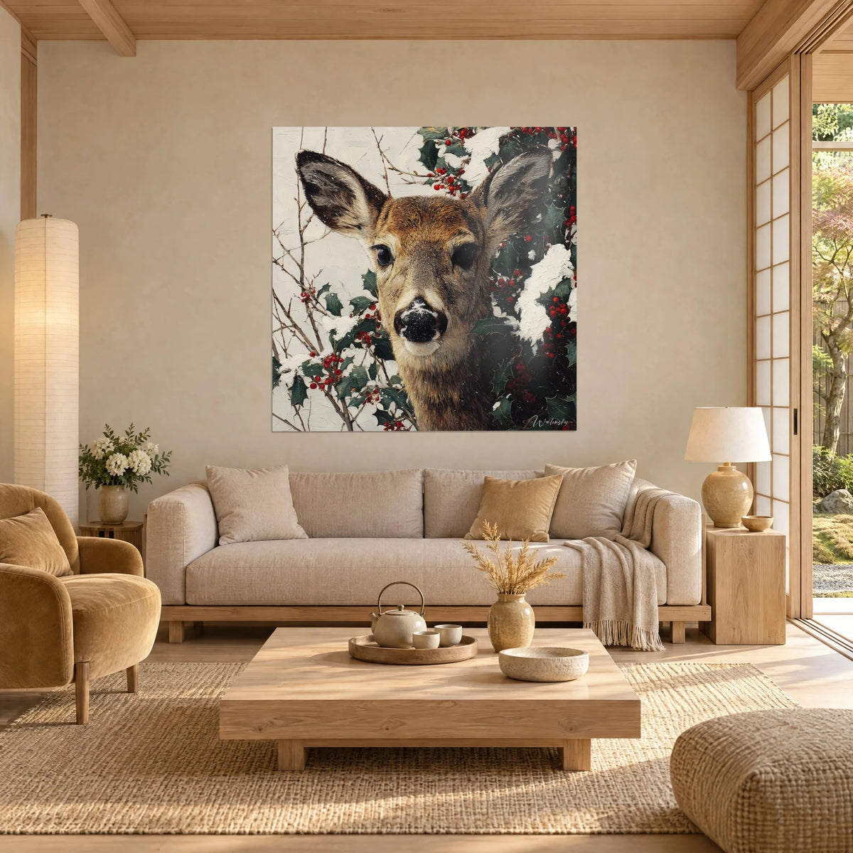 Gemälde junger Hirsch mit rotbraunem Fell und schneebestäubter schwarzer Schnauze, rote Stechpalmenzweige, über einem Sofa in einem hellen Wohnzimmer