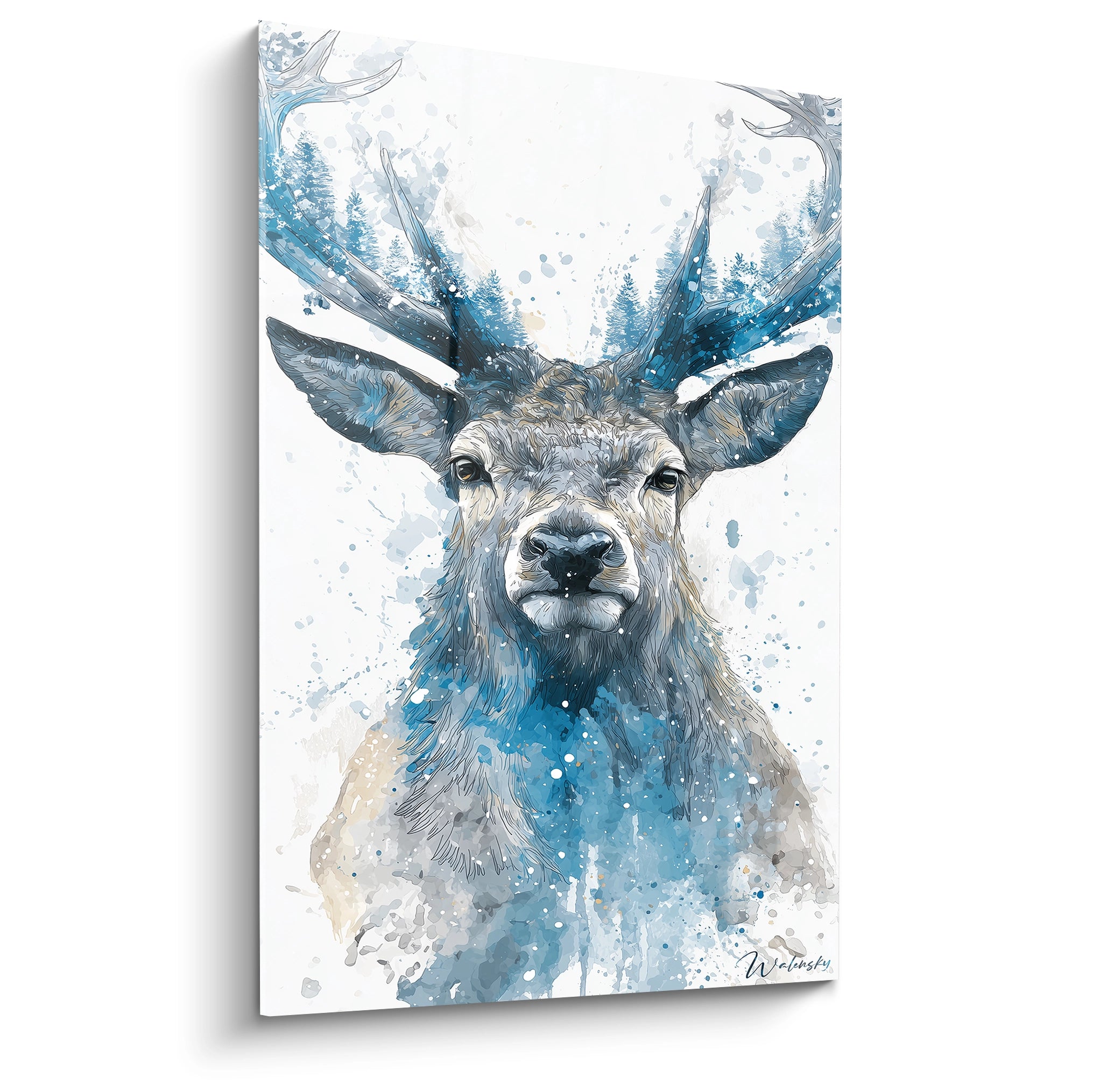 Tableau mural cerf Noël avec des éclaboussures de peinture bleu et un style artistique moderne