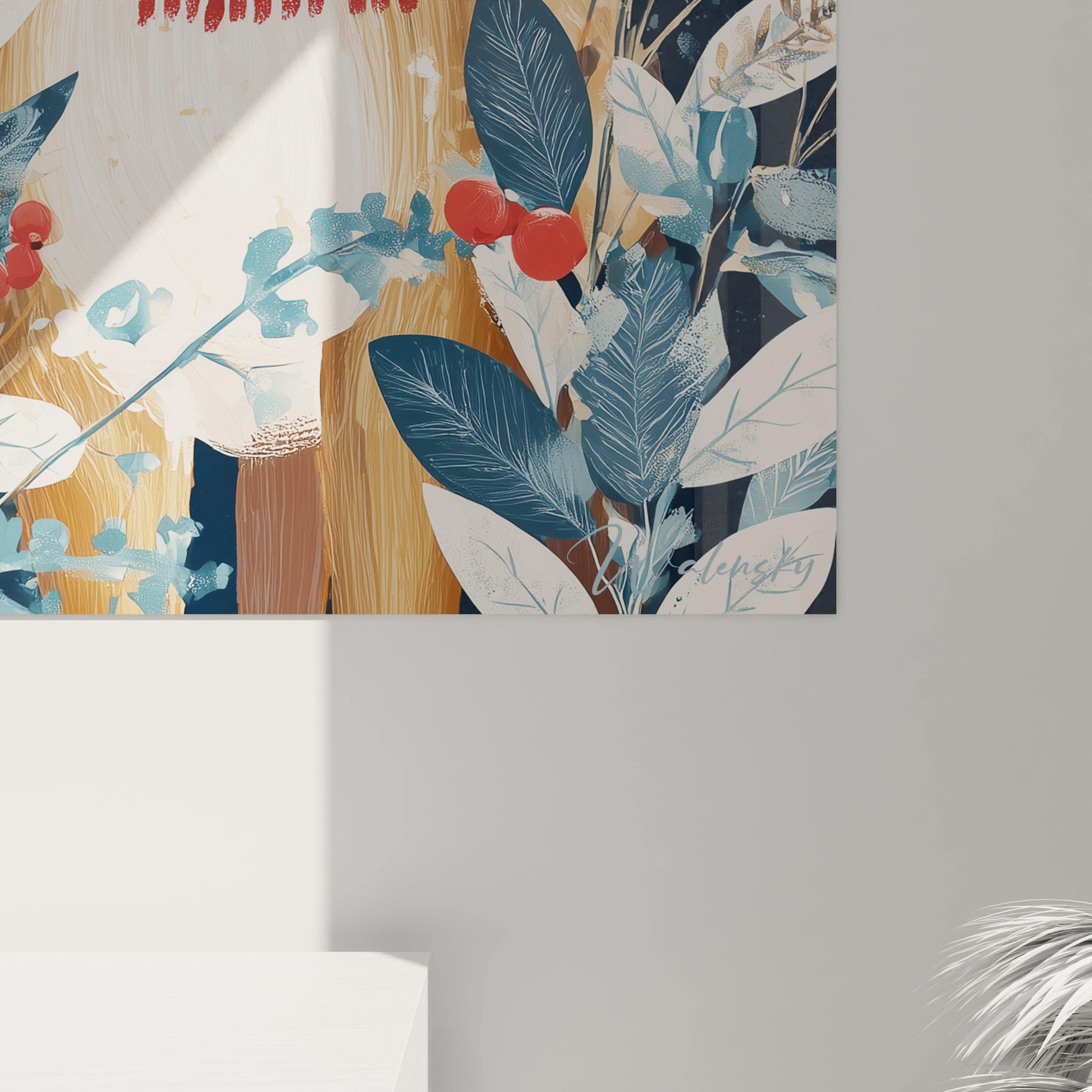 Tableau mural cerf Noël avec des couleurs vives et un paysage tropical en arrière-plan