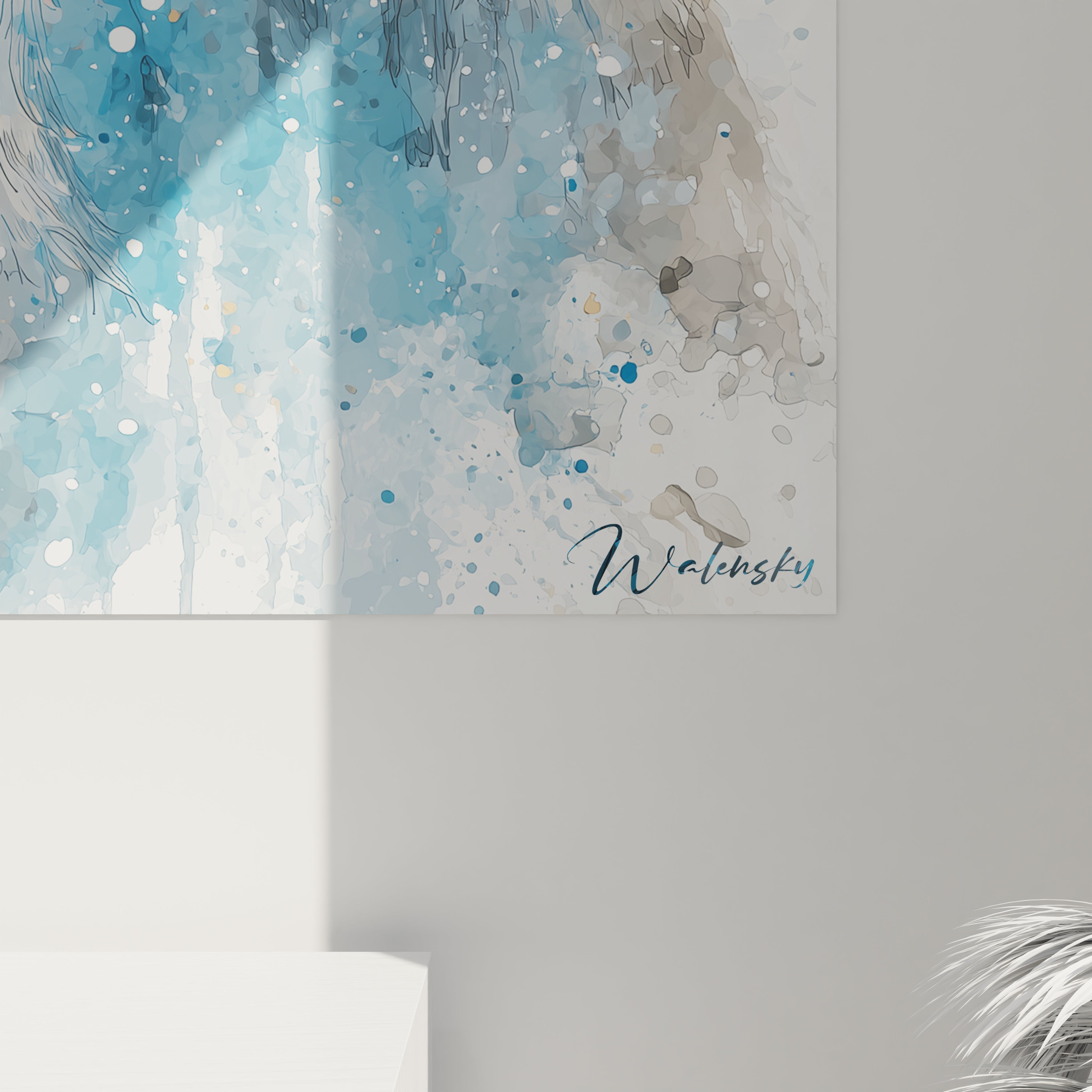 Tableau mural cerf Noël de Walensky avec des teintes bleues et un design artistique moderne