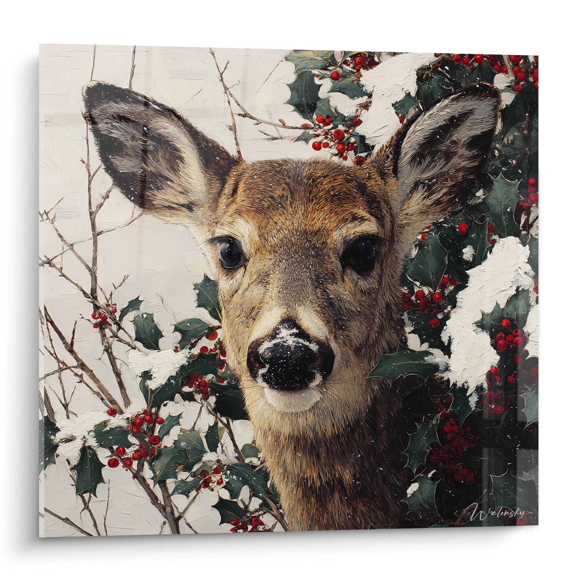 Tableau mural cerf Noël entouré de houx et de baies rouges pour une décoration festive