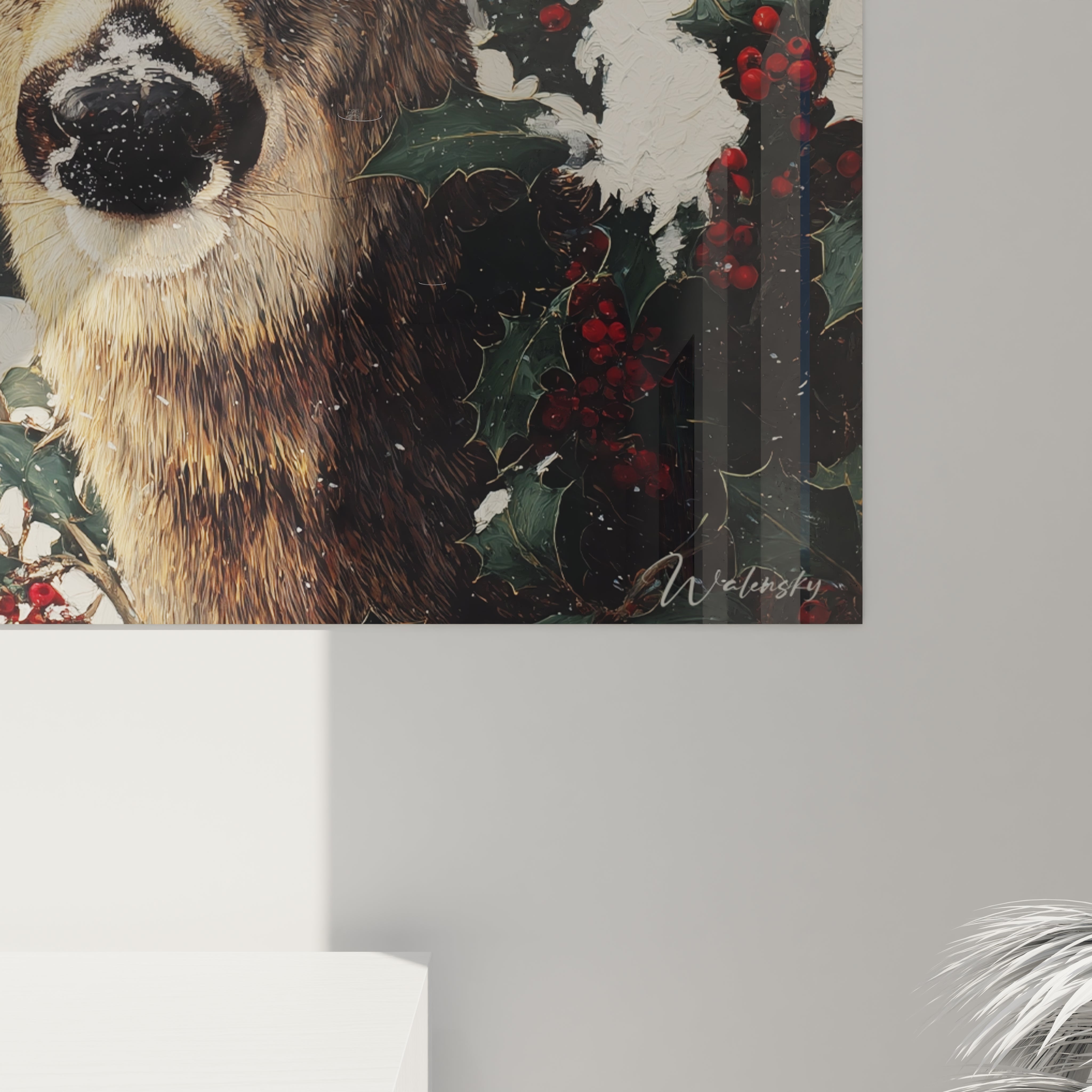 Tableau cerf Noël décoratif avec des feuilles de houx et des baies rouges, signé Walensky