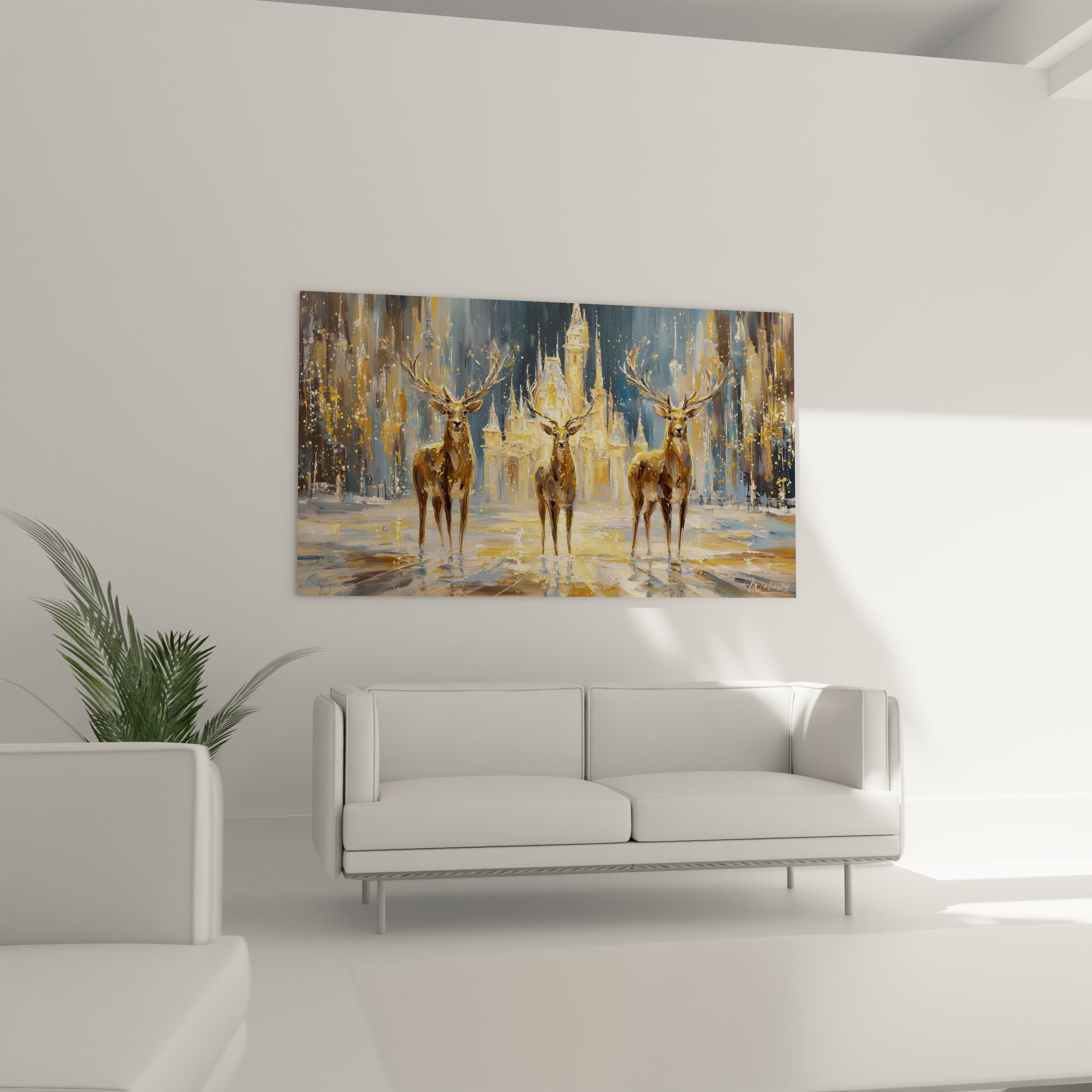 Tableau cerf Noël lumineux représentant des cerfs dorés dans un décor hivernal élégant