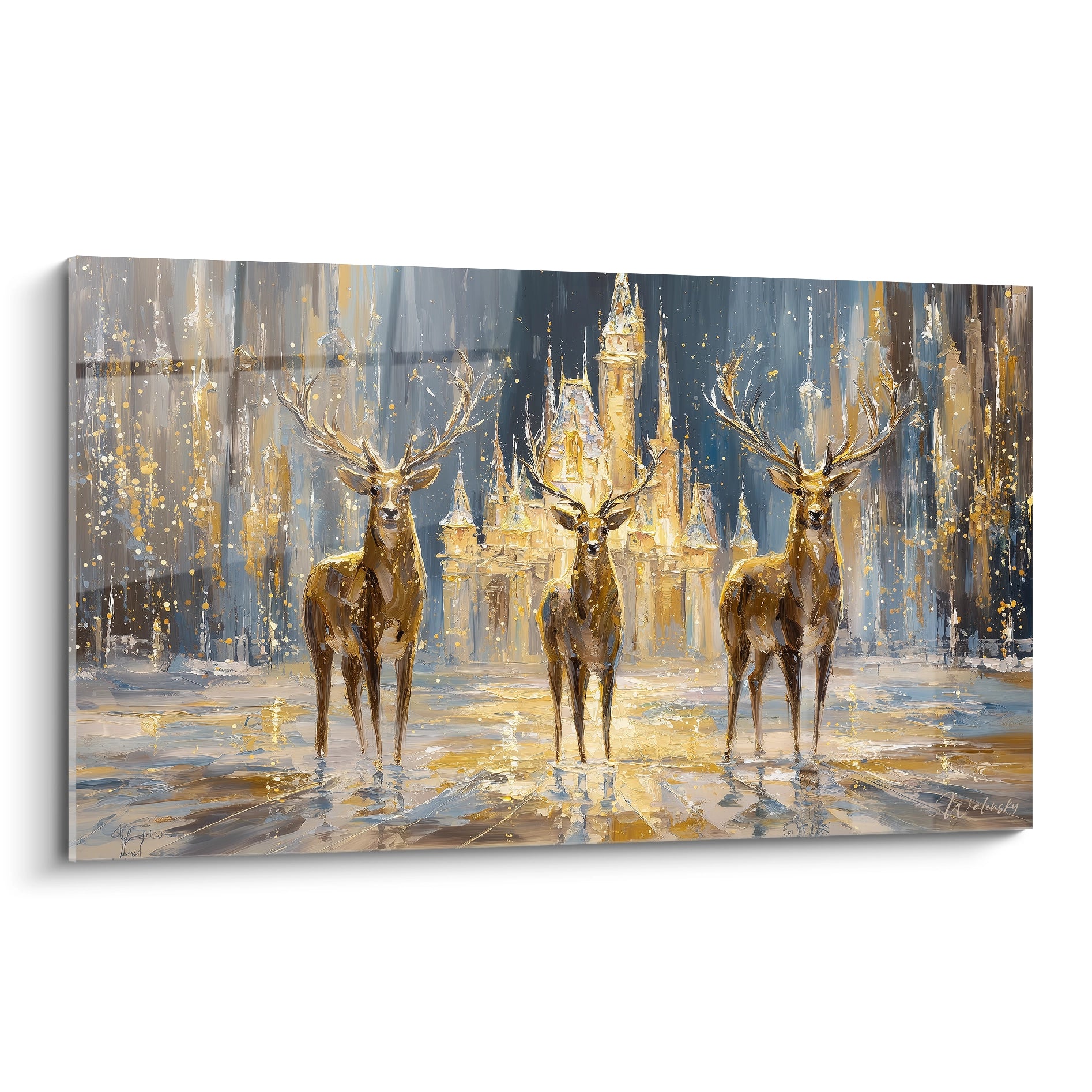 Tableau cerf Noël lumineux avec trois cerfs majestueux devant un château illuminé