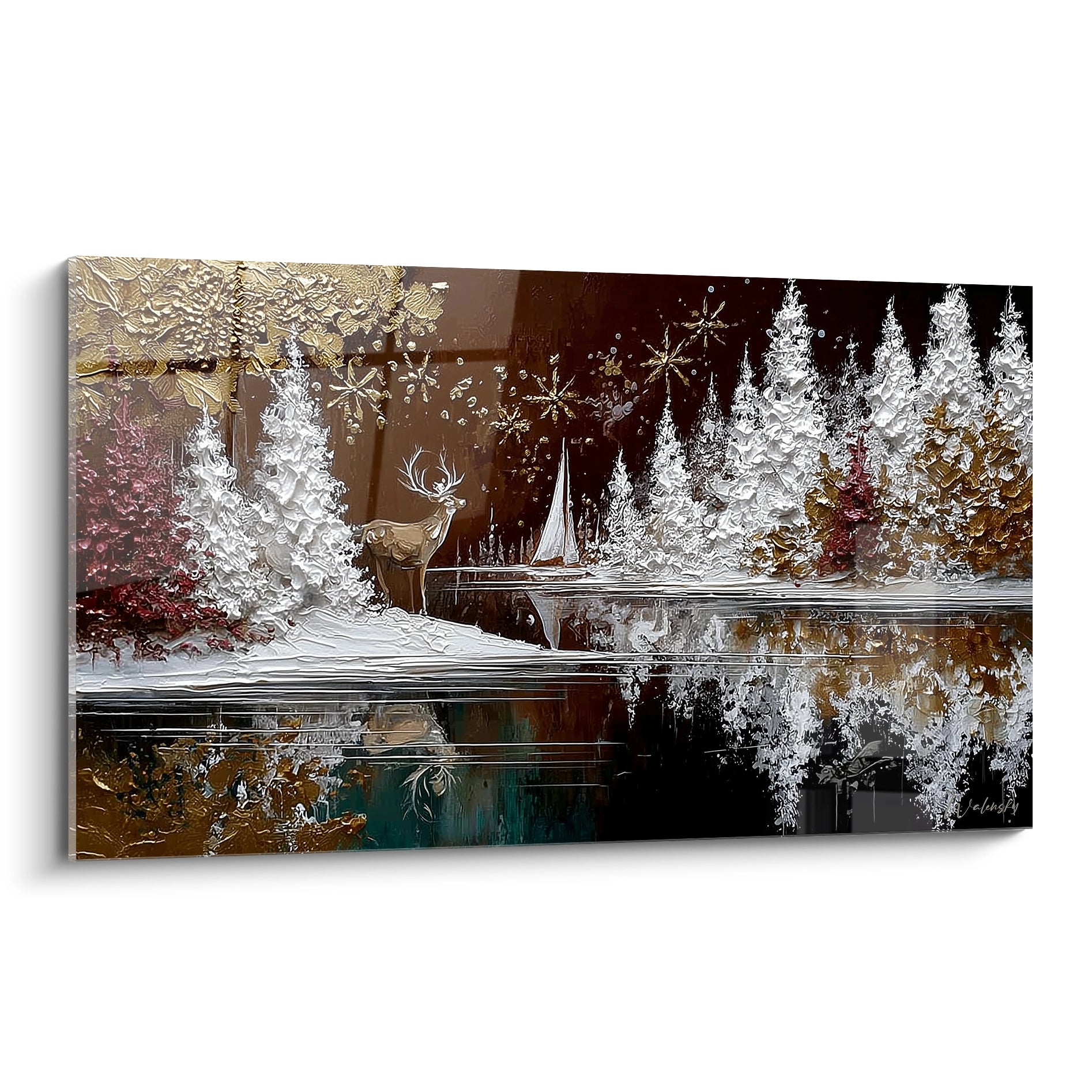 Tableau cerf Noël avec paysage hivernal, arbres enneigés et reflet sur l'eau