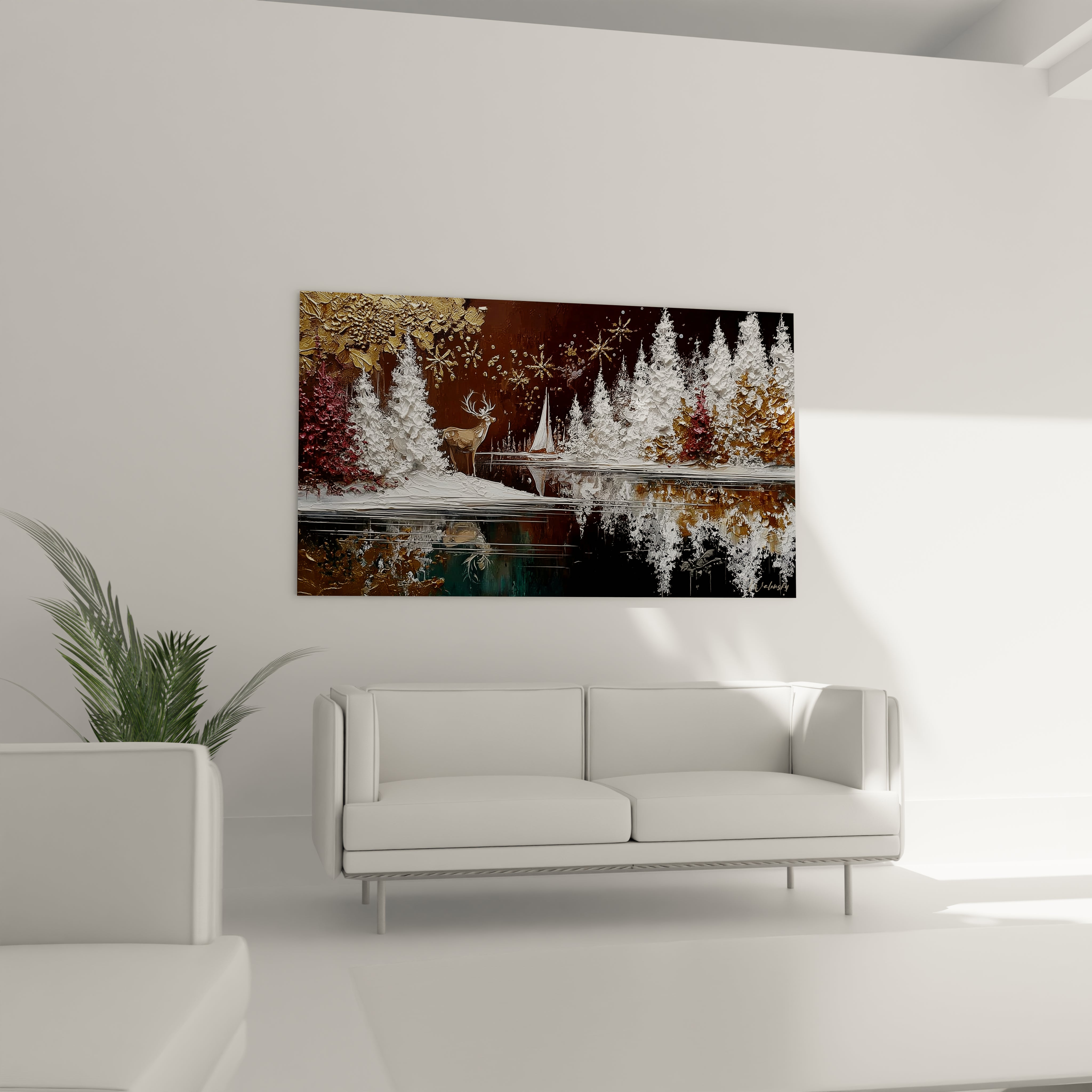 Tableau cerf Noël avec un paysage hivernal et des arbres enneigés, idéal pour décorer votre intérieur