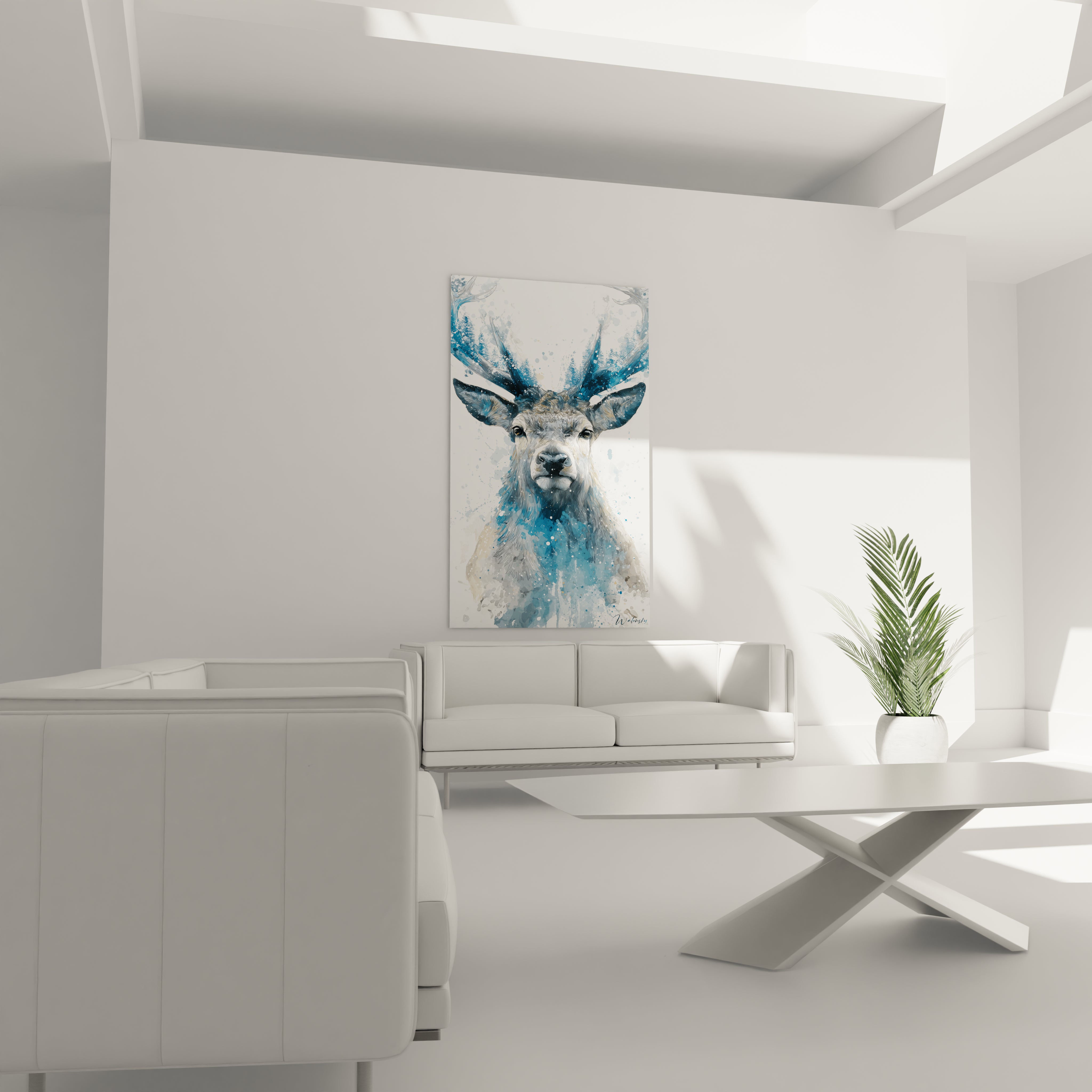 Tableau cerf noel coloré avec fruits et feuilles sur fond bleu décorant un salon moderne