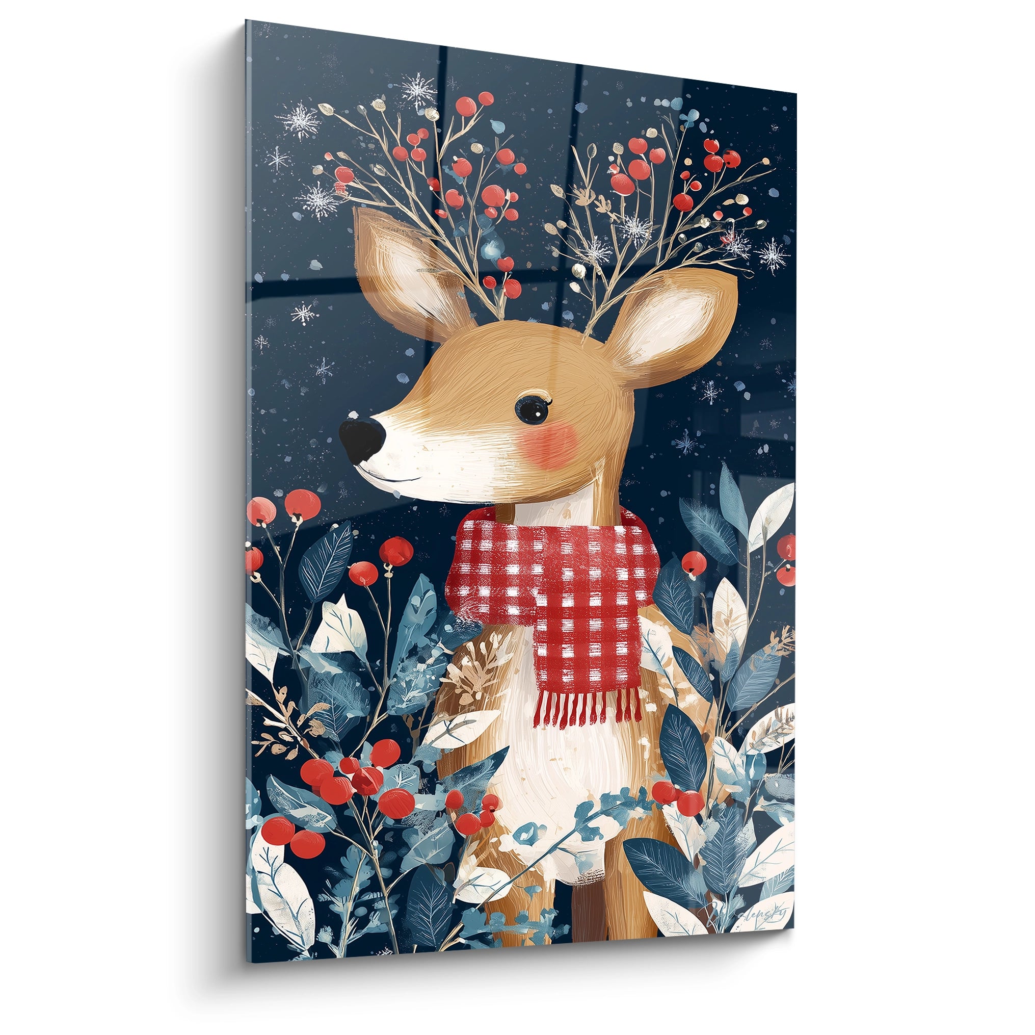 Tableau mural cerf Noël avec écharpe rouge et décor floral pour une décoration festive